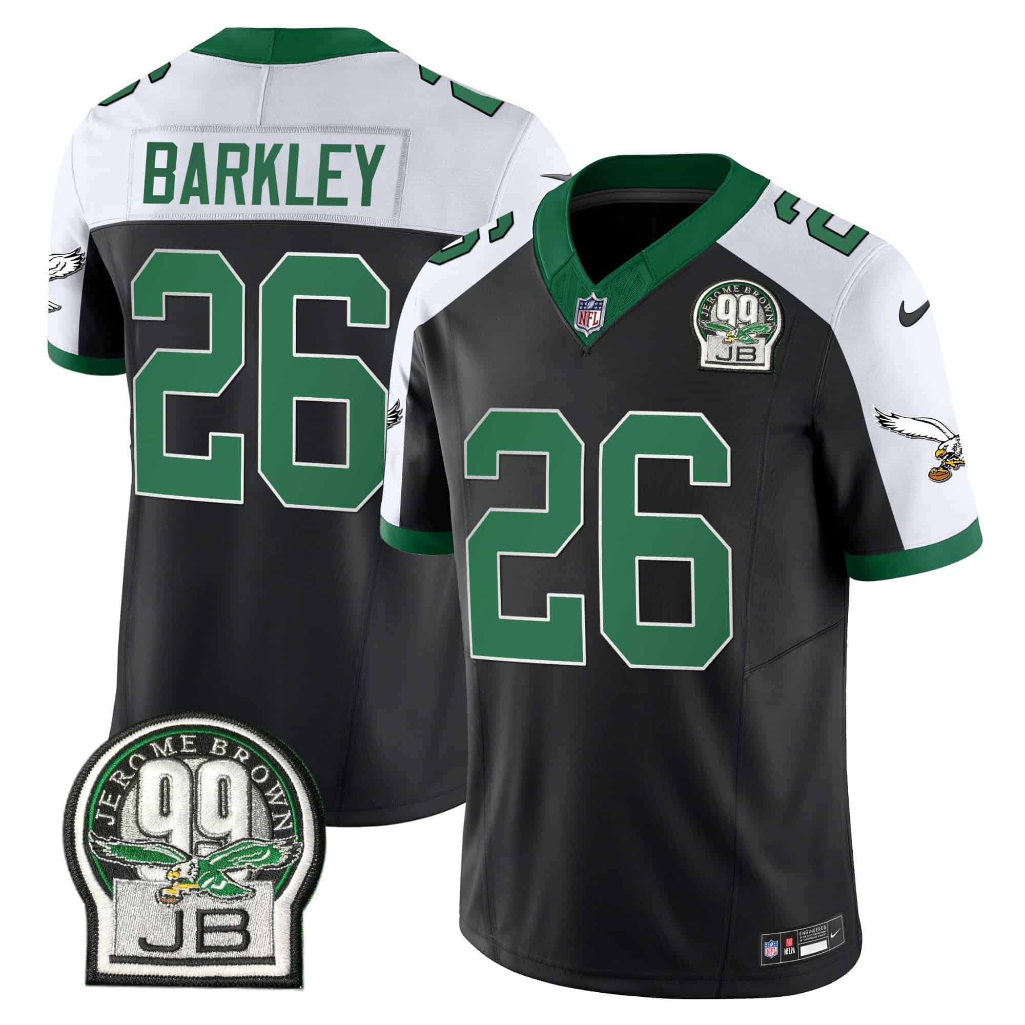 Men’s Eagles Jerome Brown Patch Kelly Green Alternate Jersey – All Stitched – Black Alternate – Saquon Barkley