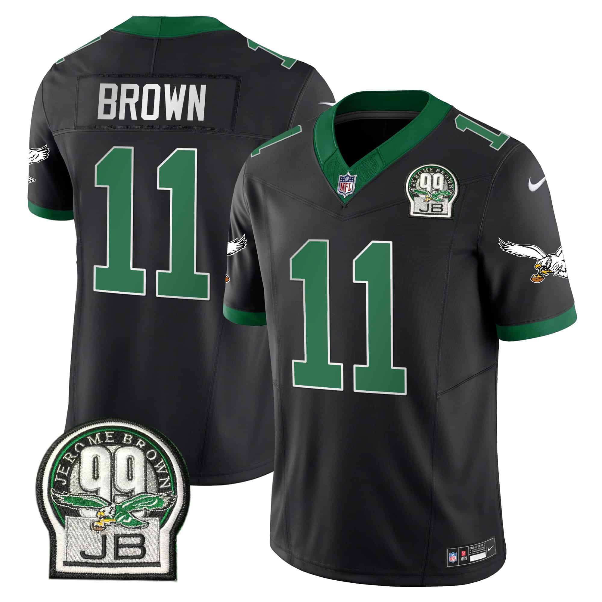 Men’s Eagles Jerome Brown Patch Kelly Green Alternate Jersey – All Stitched – Black – A.J. Brown