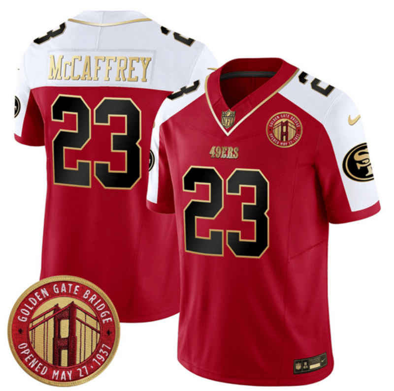 San Francisco 49Ers #23 Christian Mccaffrey Jersey Red FUSE Golden Gate Bridge Patch Football