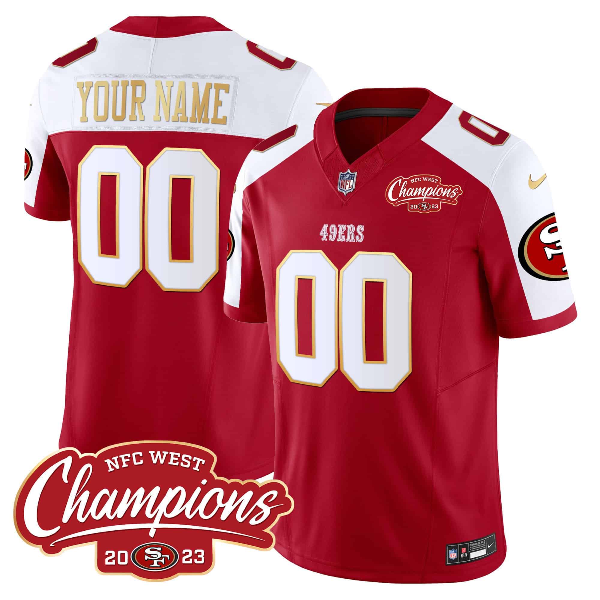 49ers NFC West Champions Gold Trim Vapor Custom Jersey – All Stitched – Youth – Red Alternate