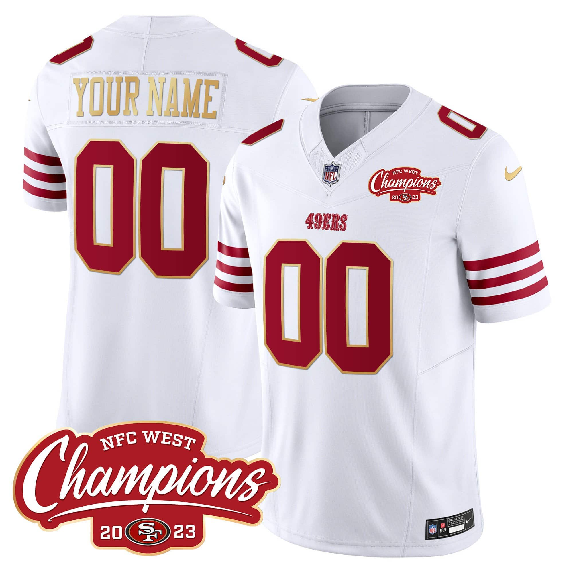 49ers NFC West Champions Gold Trim Vapor Custom Jersey – All Stitched – Men – White