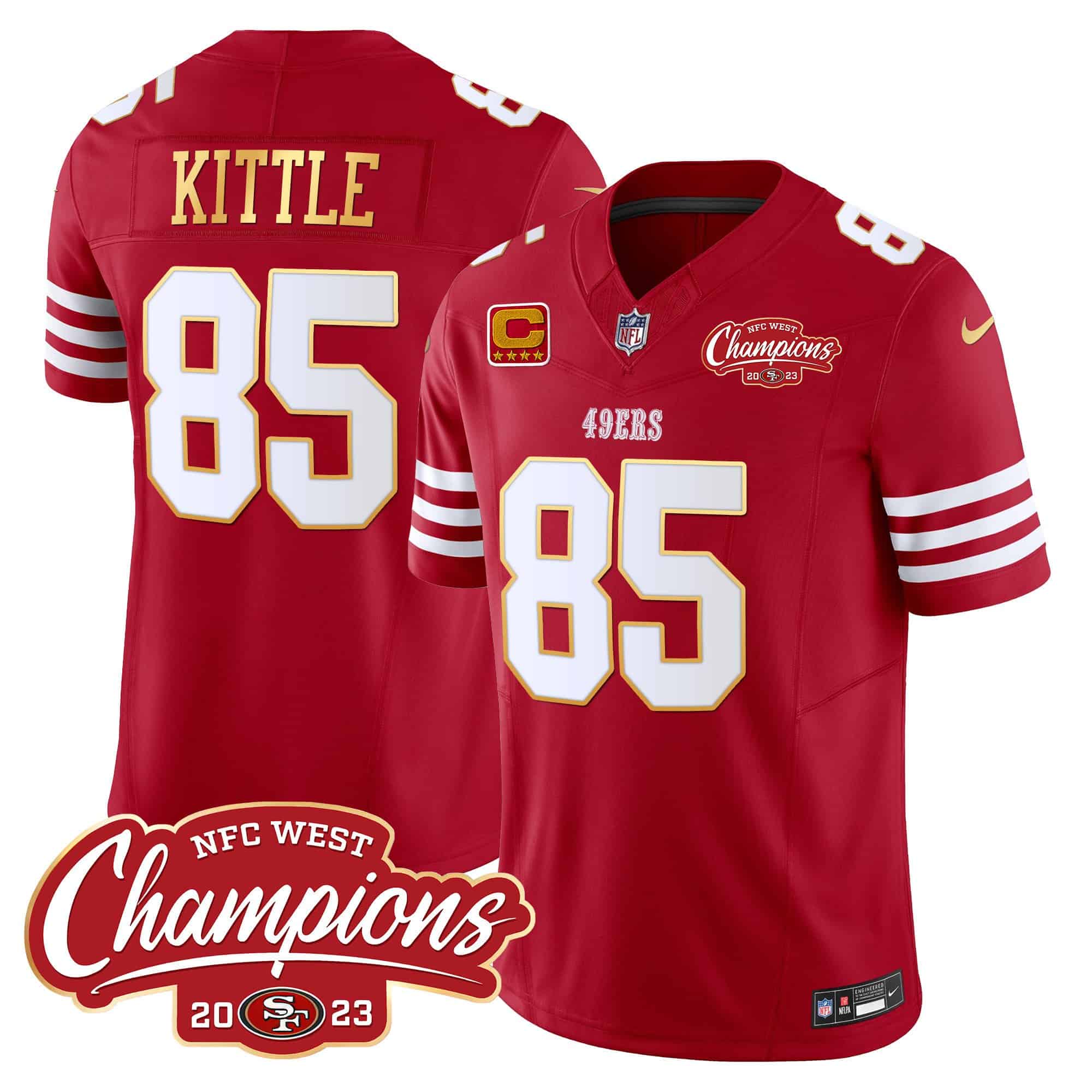 Men’s 49ers NFC West Champions Gold Trim Vapor Jersey – All Stitched – Red – George Kittle
