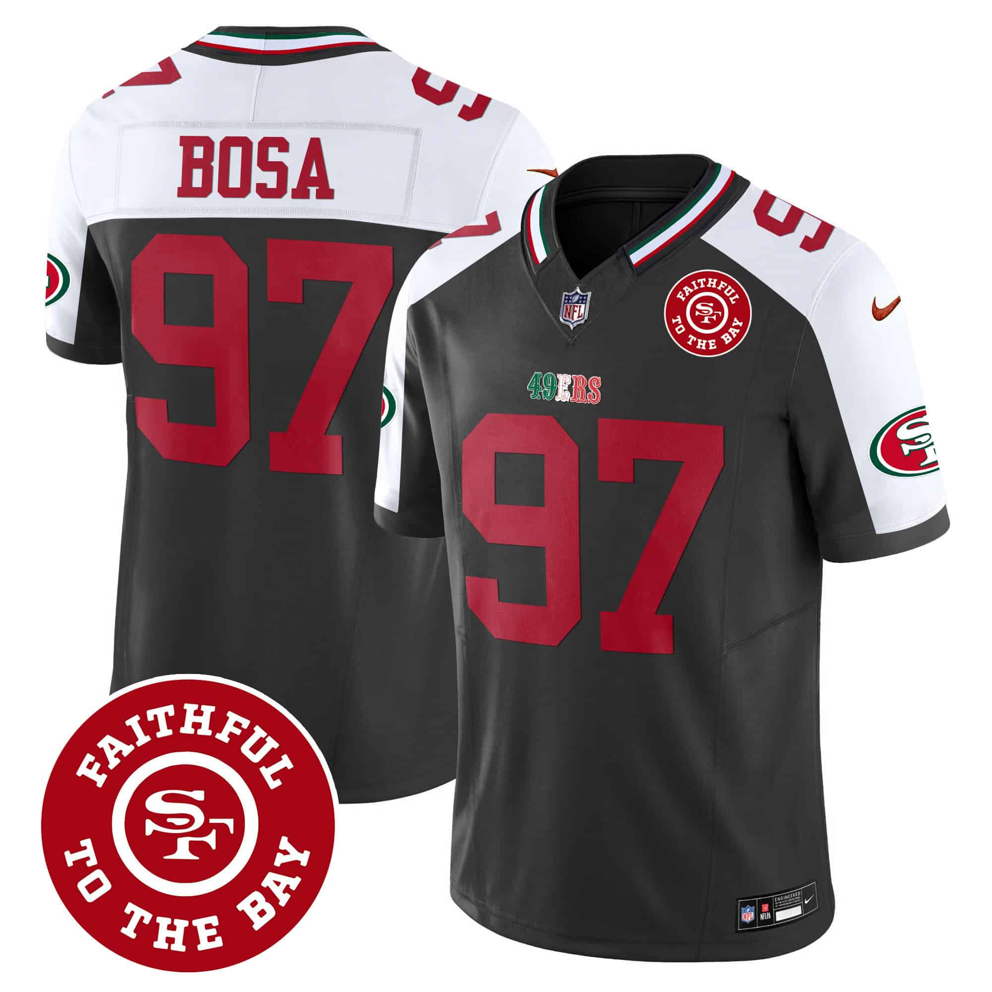 Men’s 49ers Mexico Faithful To The Bay Patch Vapor Jersey – All Stitched – Black Alternate – Nick Bosa