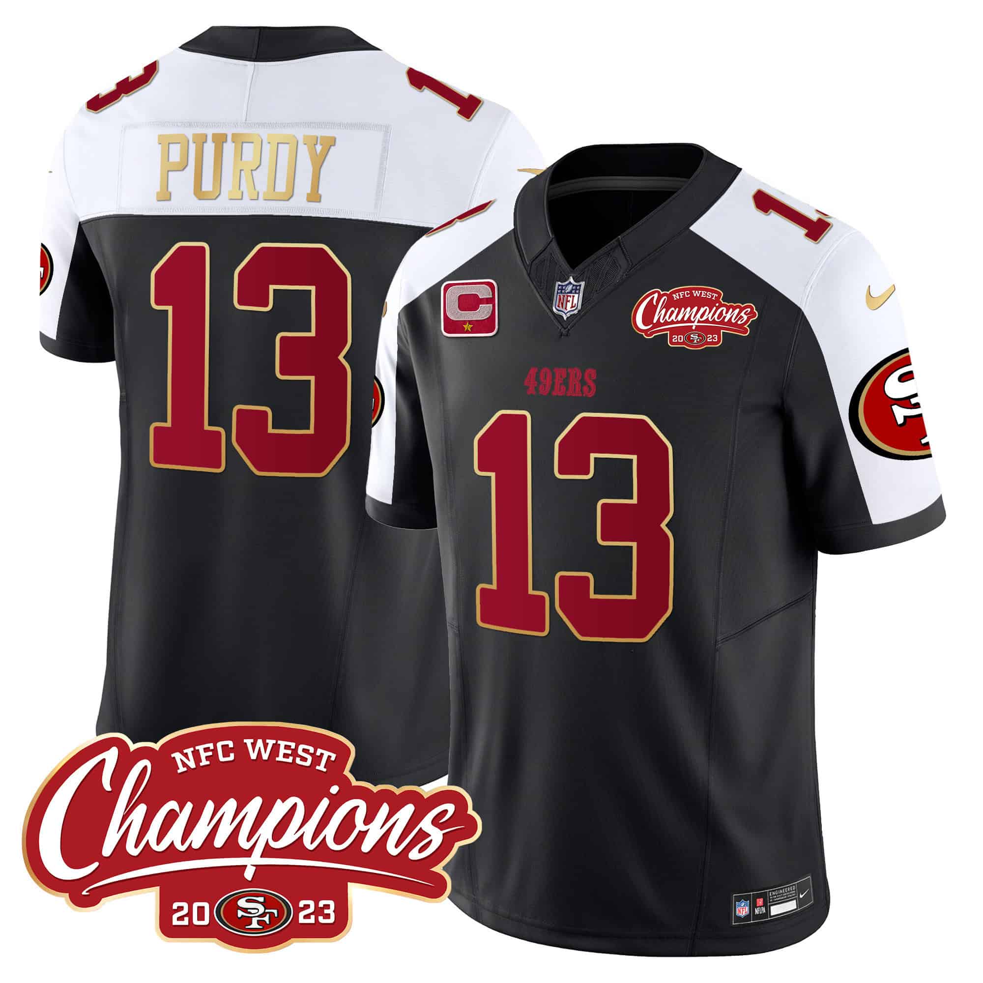 Men’s 49ers NFC West Champions Gold Trim Vapor Jersey – All Stitched – Black Alternate – Brock Purdy