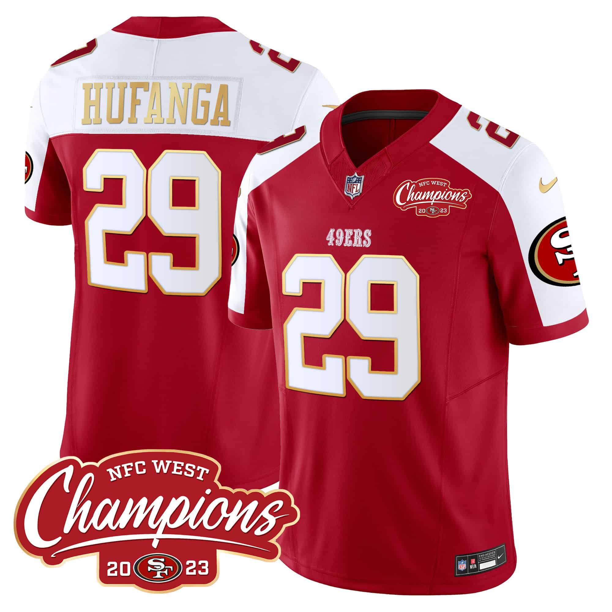 Men’s 49ers NFC West Champions Gold Trim Vapor Jersey – All Stitched – Red Alternate – Talanoa Hufanga