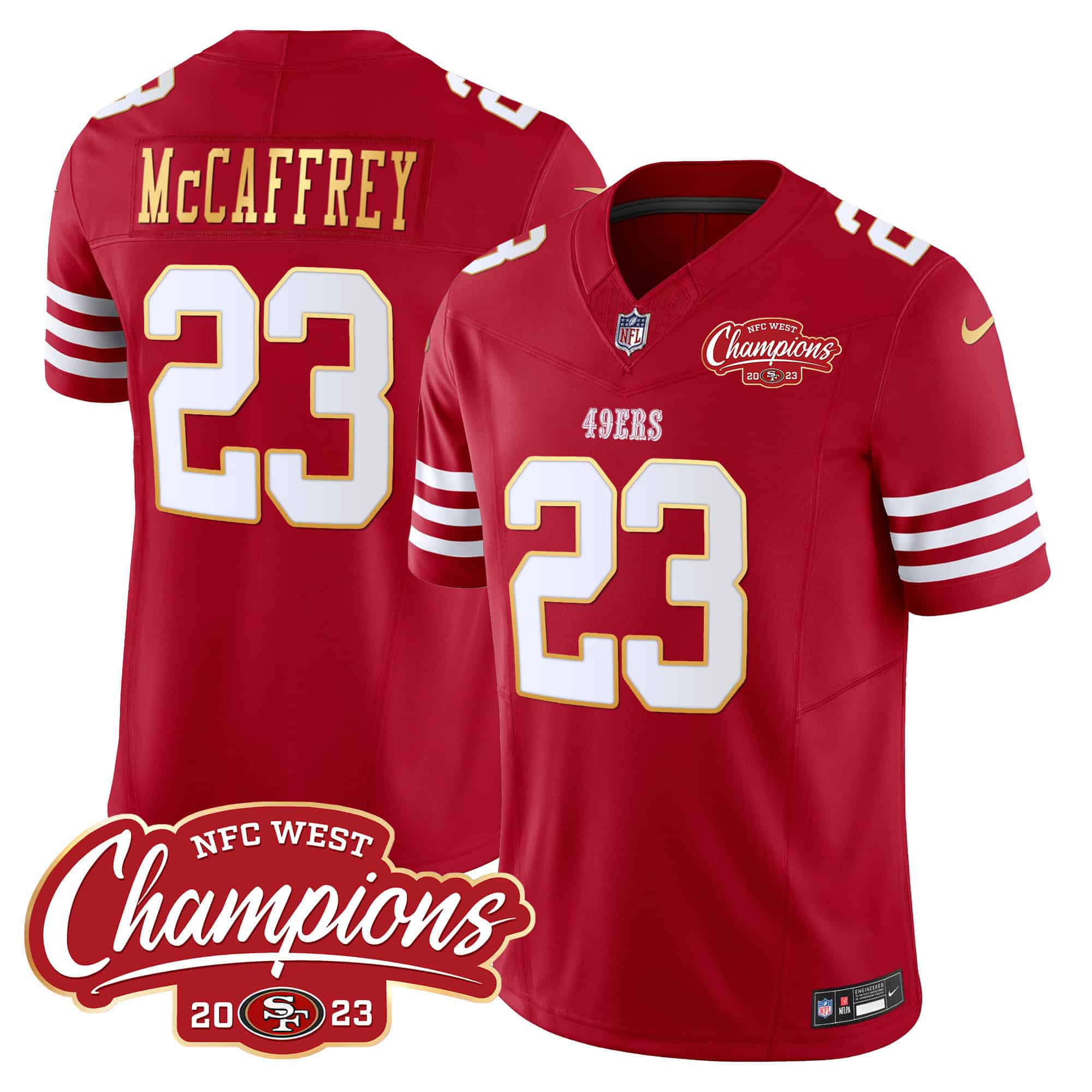 Men’s 49ers NFC West Champions Gold Trim Vapor Jersey – All Stitched – Red – Christian McCaffrey
