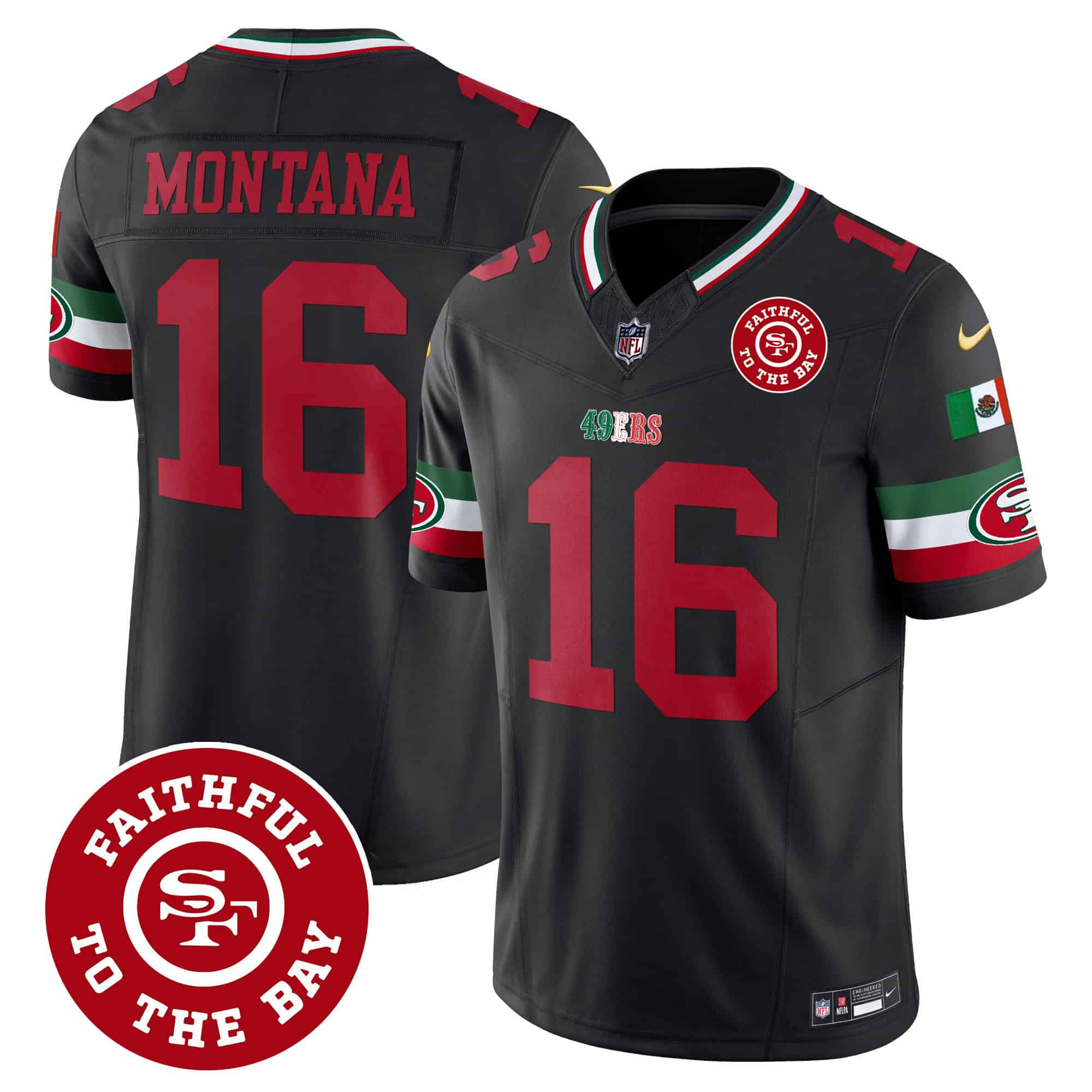 Men’s 49ers Mexico Faithful To The Bay Patch Vapor Jersey – All Stitched – Black – Joe Montana