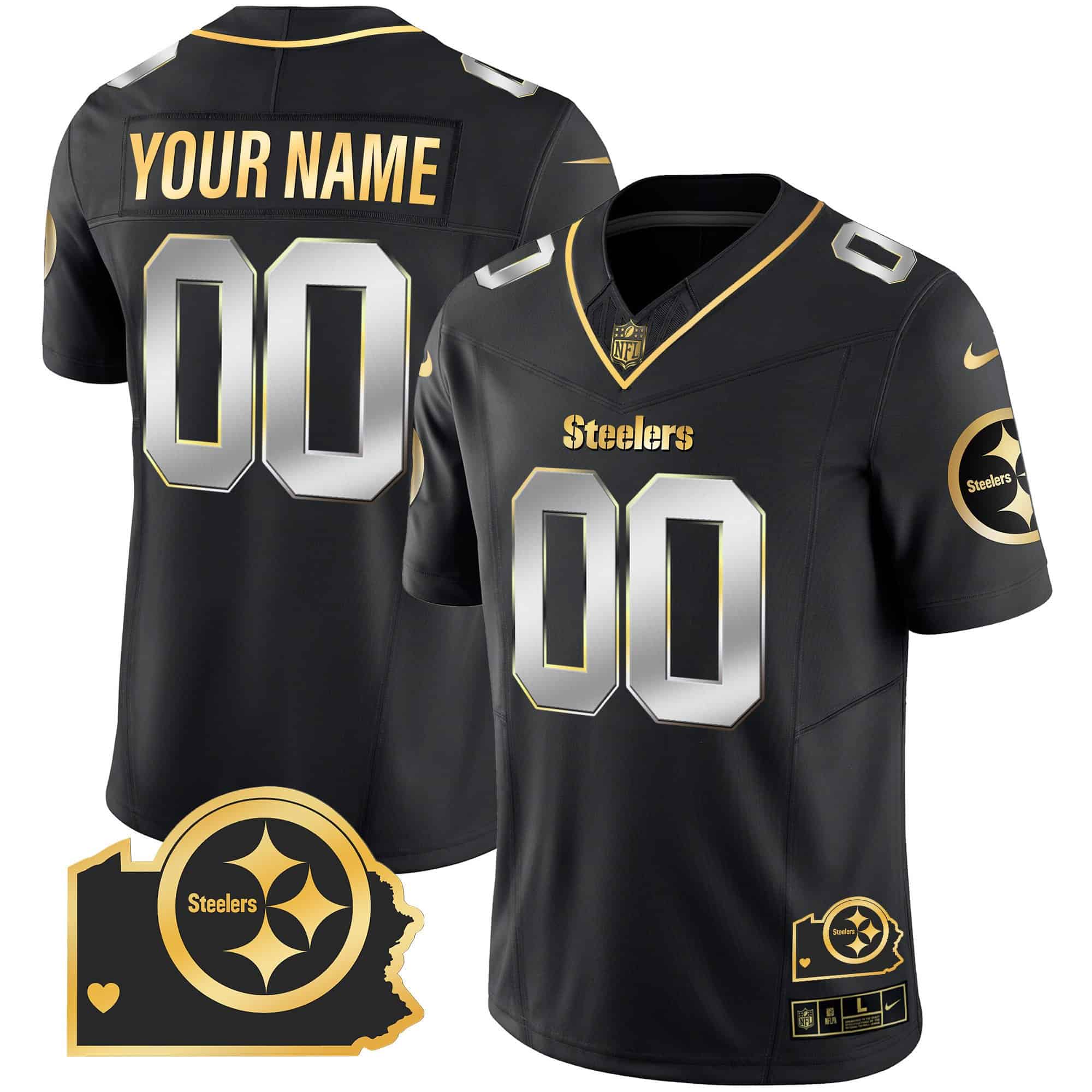 Steelers Home Patch Gold Vapor Custom Jersey – All Stitched – Men – Black Limited