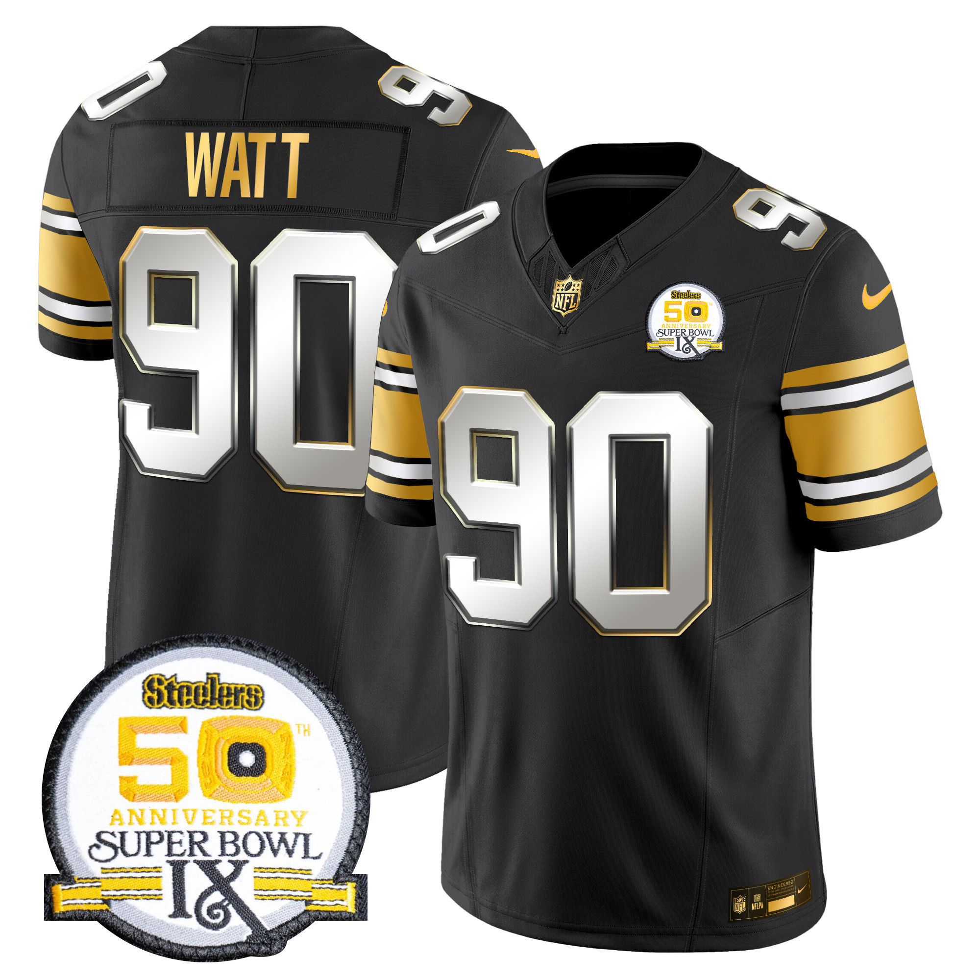 Men’s Steelers 50th Anniversary of Super Bowl IX Patch Gold Vapor Limited Jersey – All Stitched – Black Limited – T. J. Watt