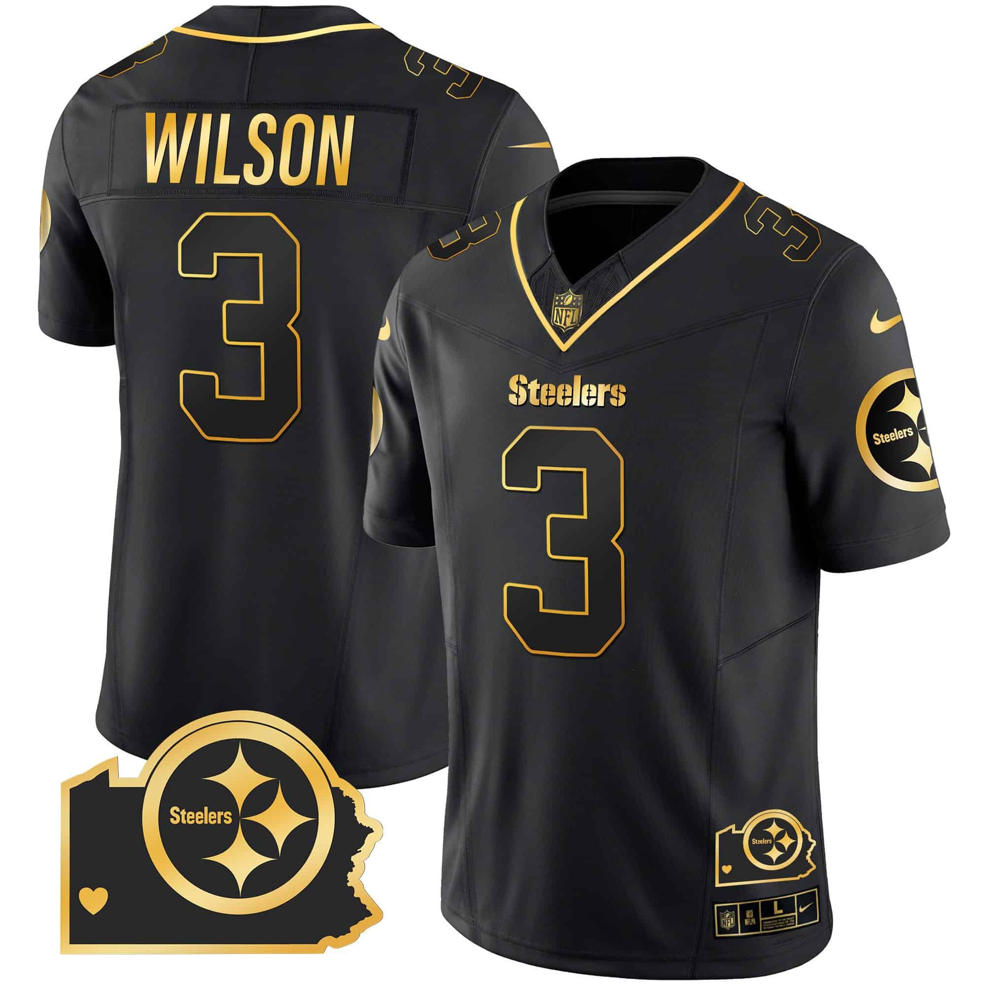 Men’s Steelers Home Patch Gold Vapor Jersey – All Stitched – Black Gold – Russell Wilson