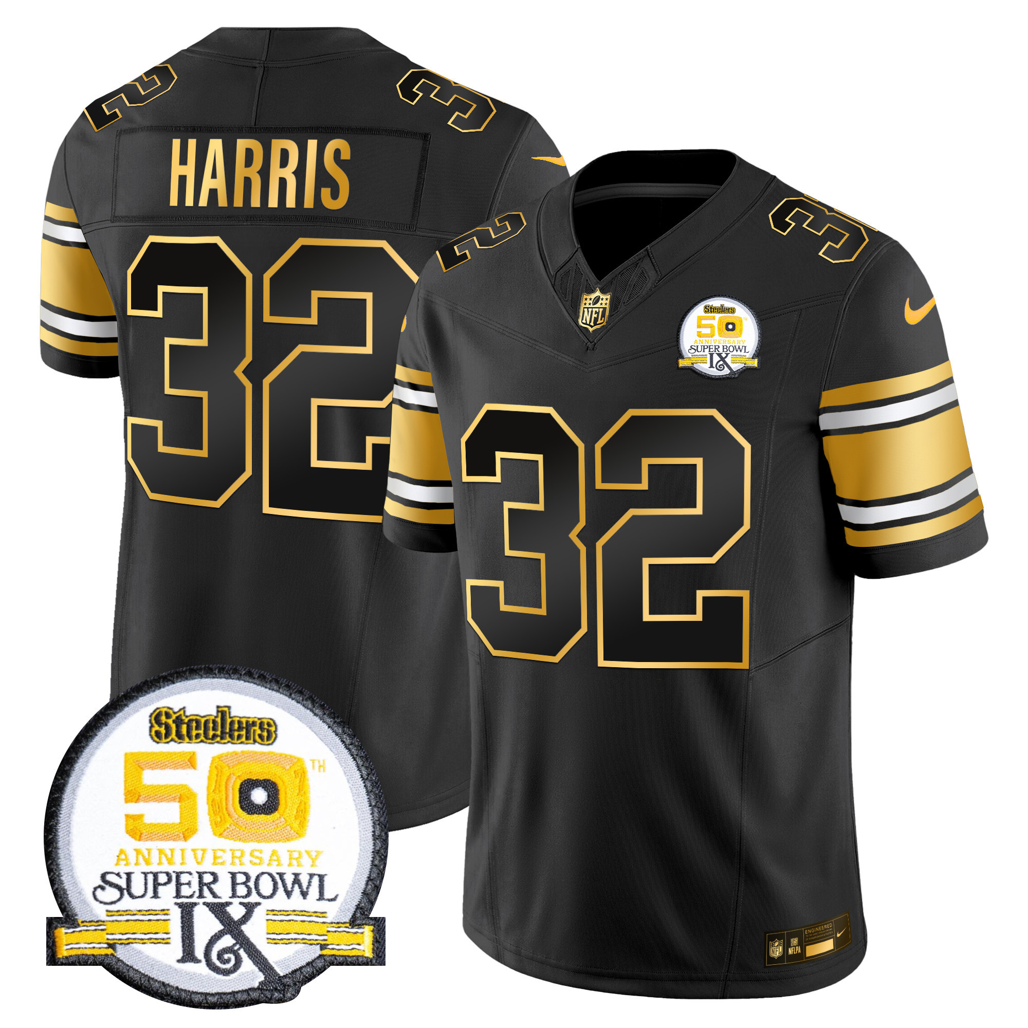 Men’s Steelers 50th Anniversary of Super Bowl IX Patch Gold Vapor Limited Jersey – All Stitched – Black Gold – Franco Harris