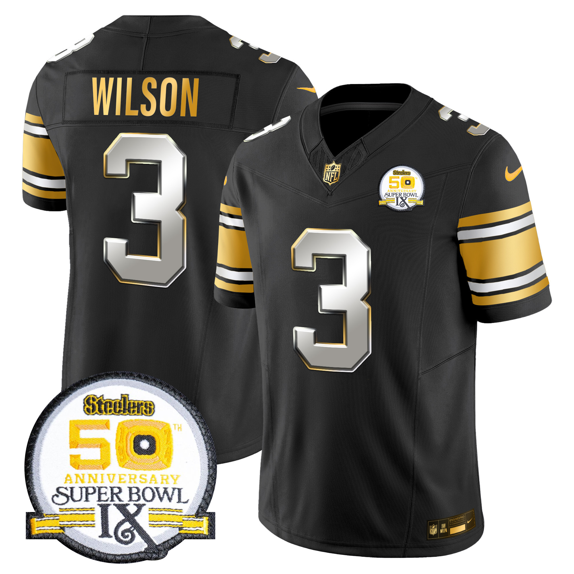 Men’s Steelers 50th Anniversary of Super Bowl IX Patch Gold Vapor Limited Jersey – All Stitched – Black Limited – Russell Wilson