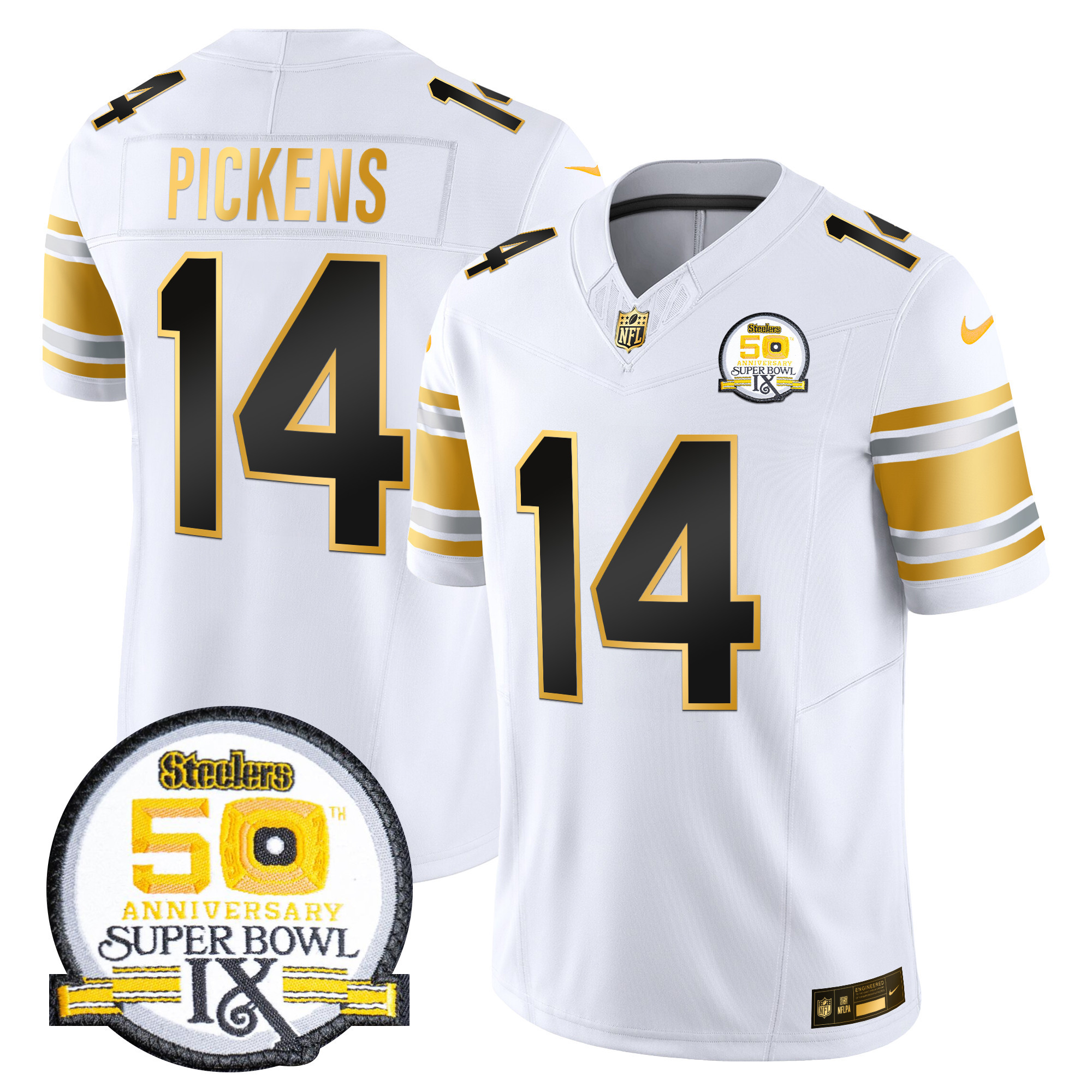 Men’s Steelers 50th Anniversary of Super Bowl IX Patch Gold Vapor Limited Jersey – All Stitched – White Gold – George Pickens