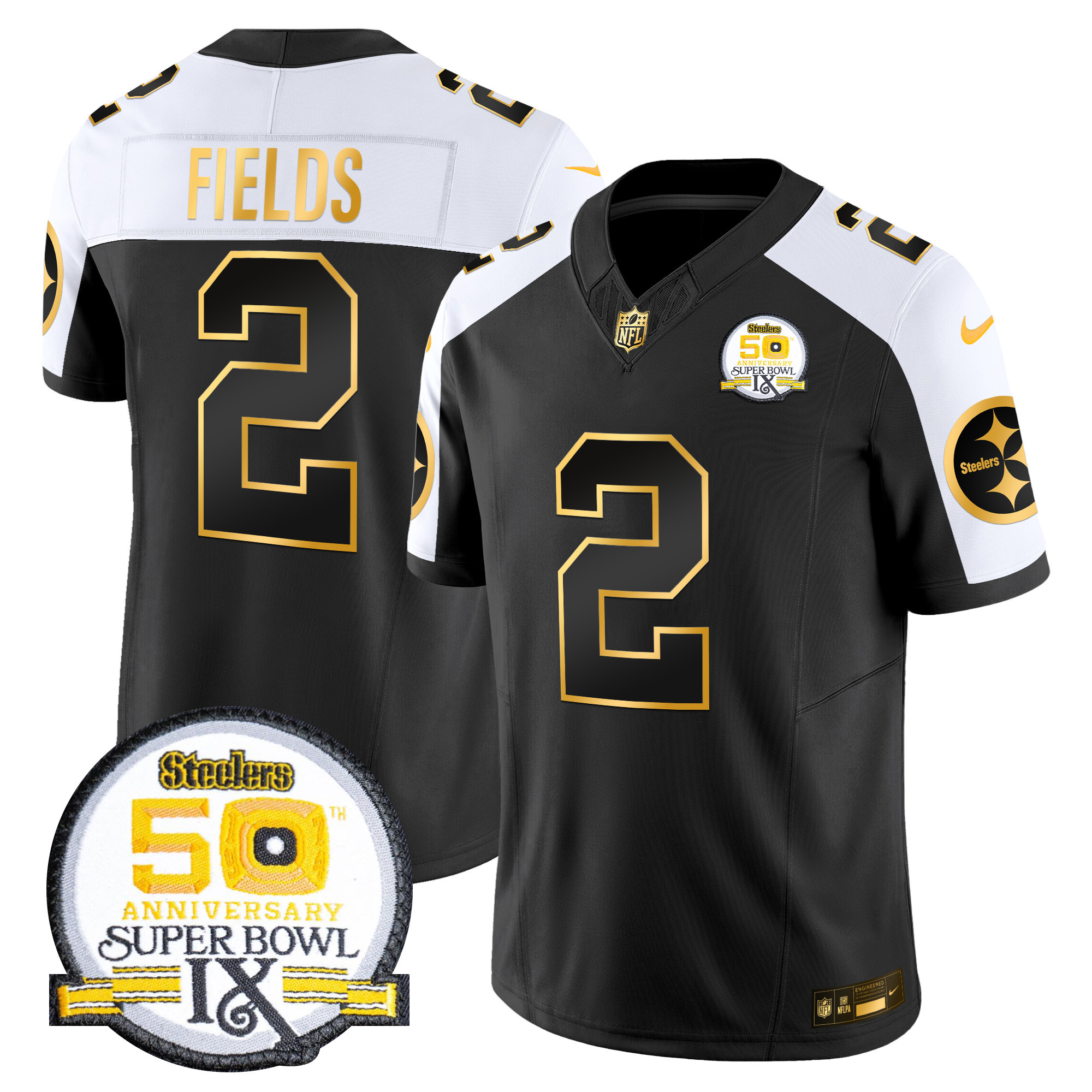 Men’s Steelers 50th Anniversary of Super Bowl IX Patch Gold Vapor Limited Jersey – All Stitched – Alternate – Justin Fields