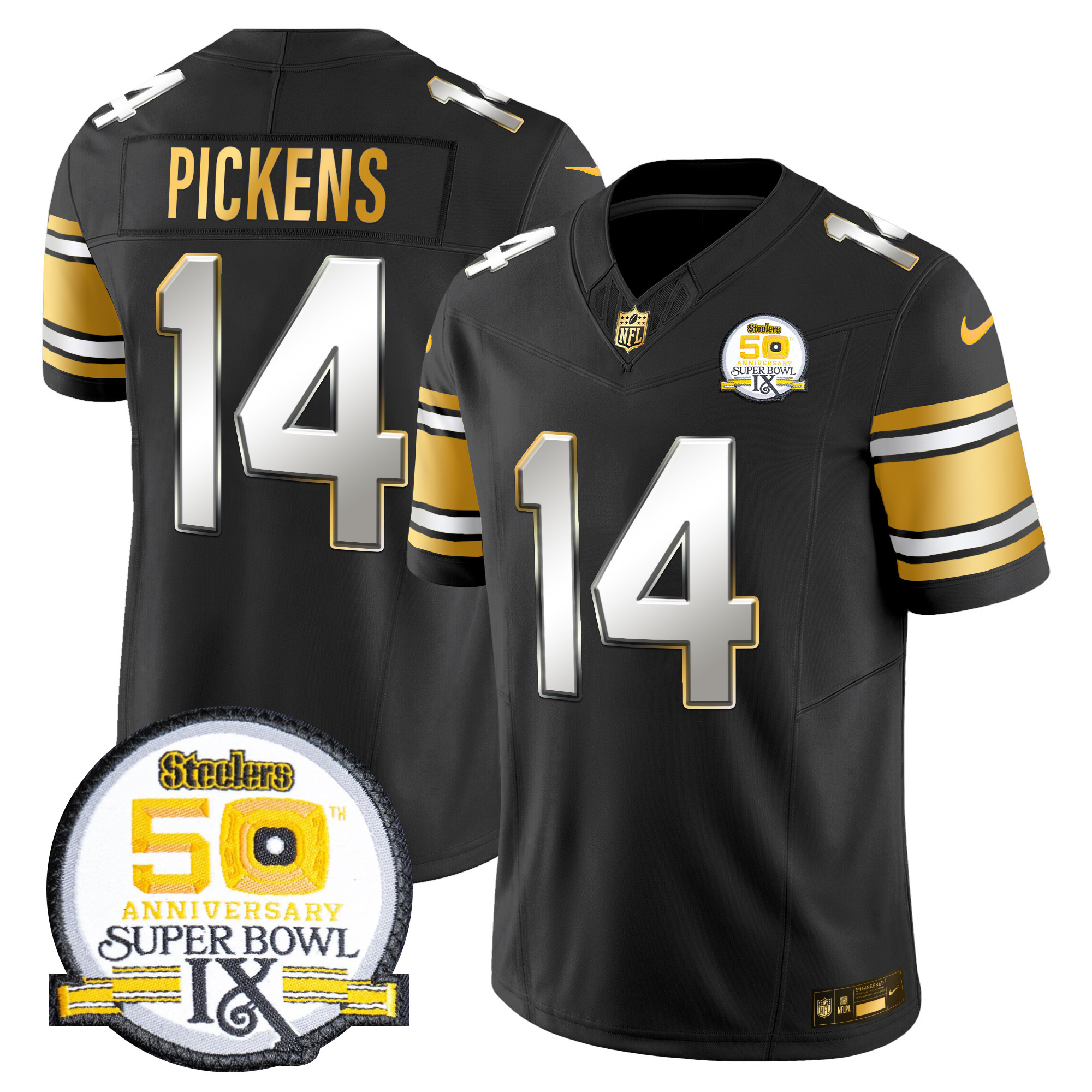 Men’s Steelers 50th Anniversary of Super Bowl IX Patch Gold Vapor Limited Jersey – All Stitched – Black Limited – George Pickens