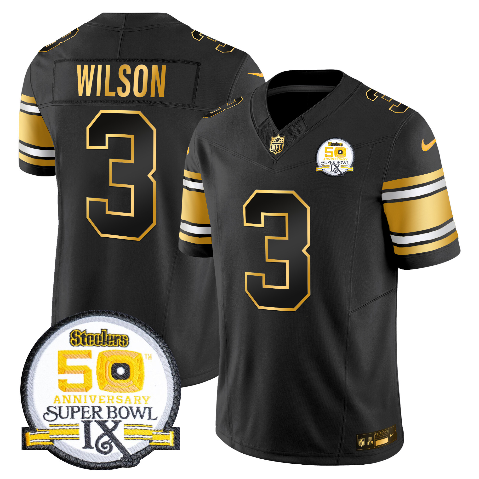 Men’s Steelers 50th Anniversary of Super Bowl IX Patch Gold Vapor Limited Jersey – All Stitched – Black Gold – Russell Wilson