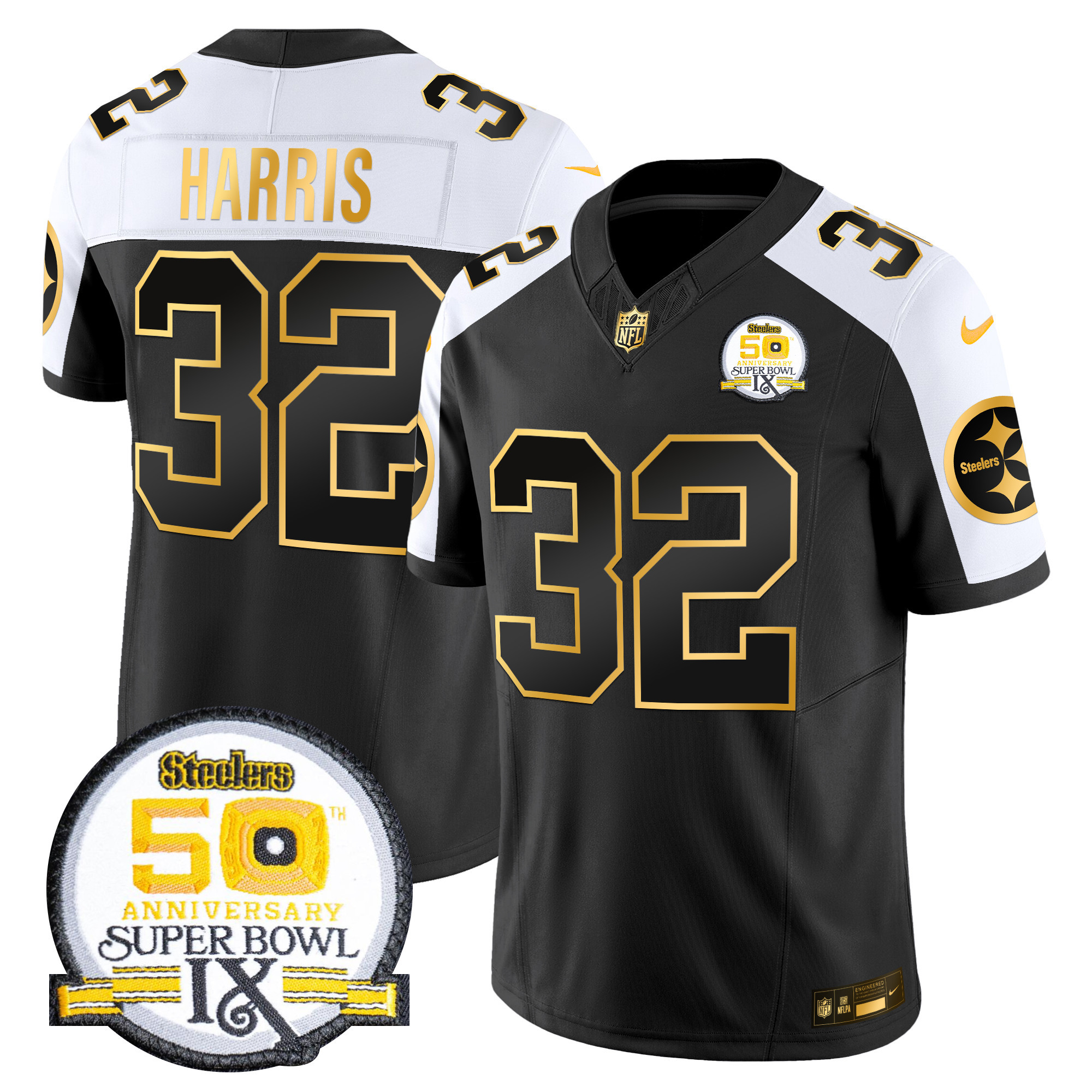 Men’s Steelers 50th Anniversary of Super Bowl IX Patch Gold Vapor Limited Jersey – All Stitched – Alternate – Franco Harris