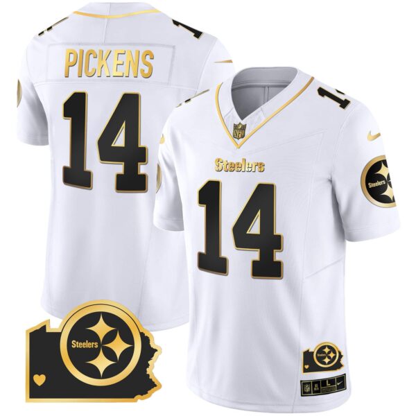 Men’s Steelers Home Patch Gold Vapor Jersey – All Stitched – White Gold – George Pickens