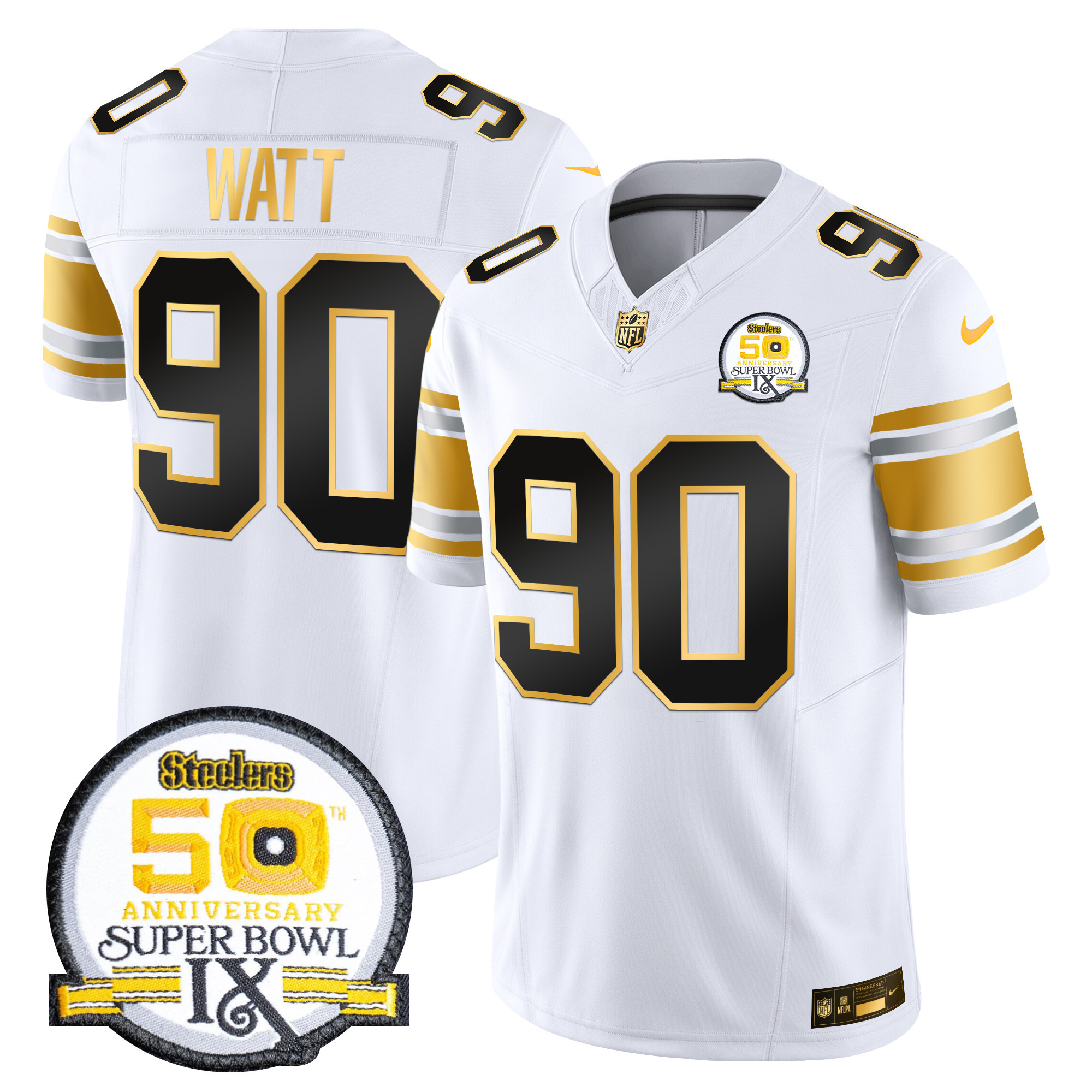Men’s Steelers 50th Anniversary of Super Bowl IX Patch Gold Vapor Limited Jersey – All Stitched – White Gold – T. J. Watt