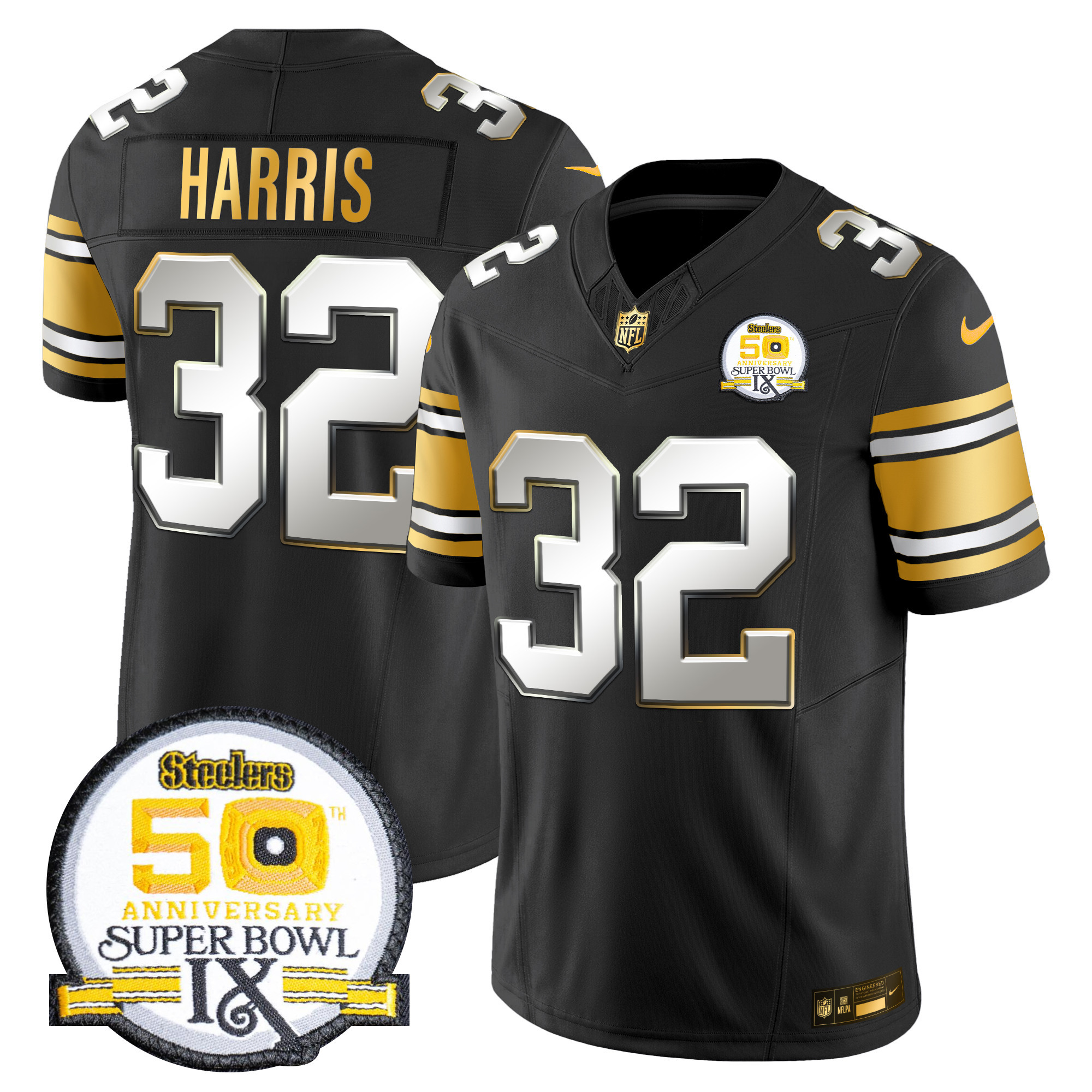 Men’s Steelers 50th Anniversary of Super Bowl IX Patch Gold Vapor Limited Jersey – All Stitched – Black Limited – Franco Harris