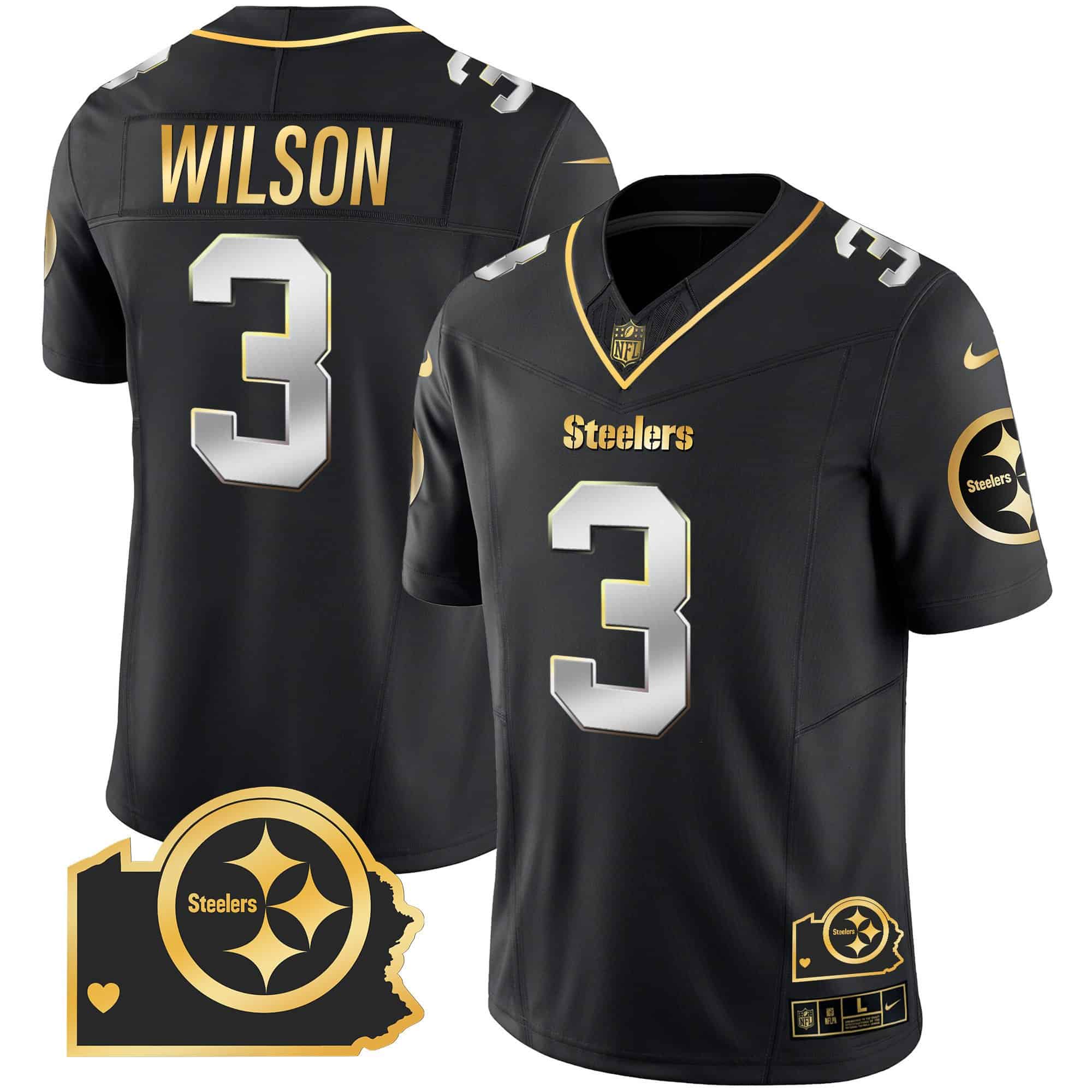 Men’s Steelers Home Patch Gold Vapor Jersey – All Stitched – Black Limited – Russell Wilson