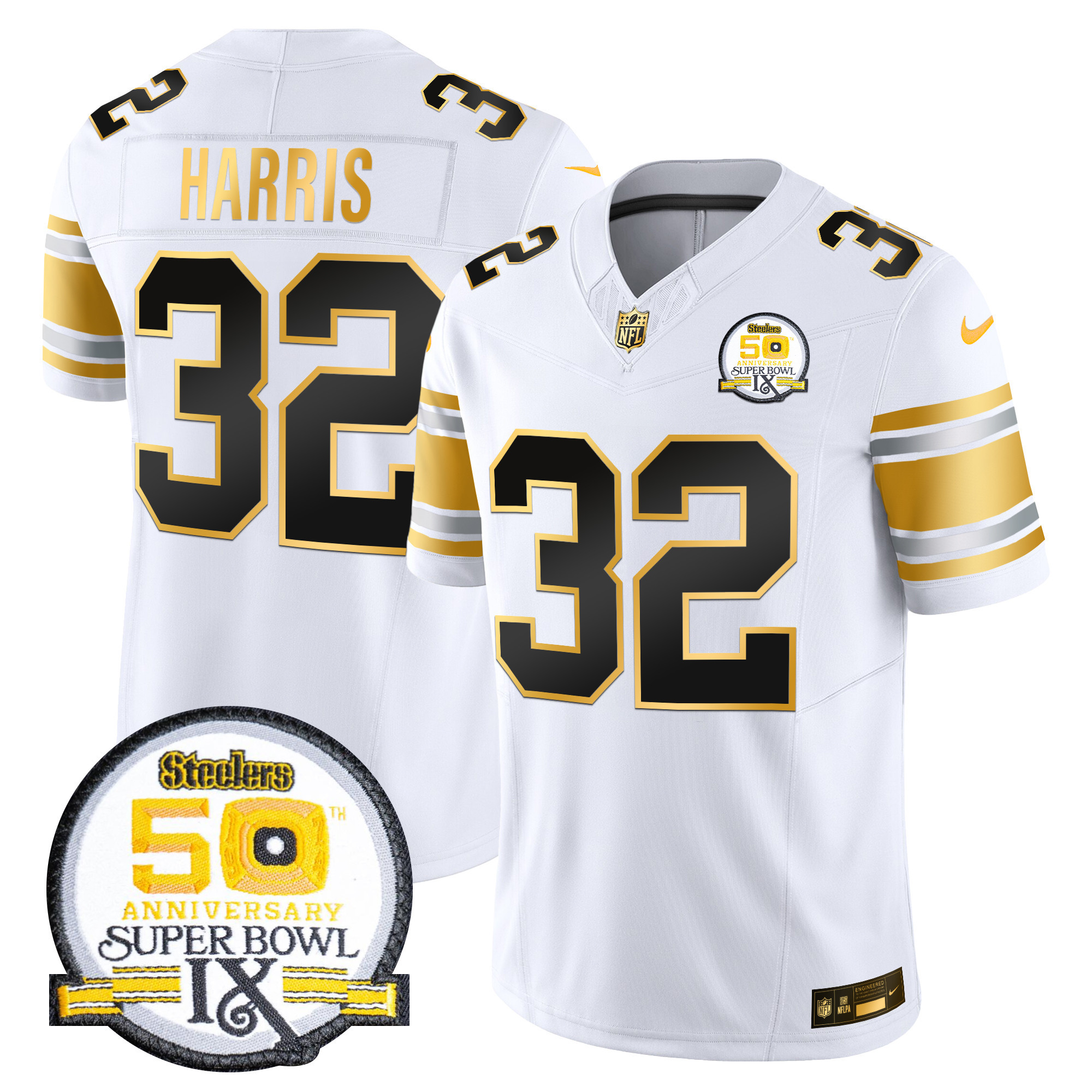 Men’s Steelers 50th Anniversary of Super Bowl IX Patch Gold Vapor Limited Jersey – All Stitched – White Gold – Franco Harris
