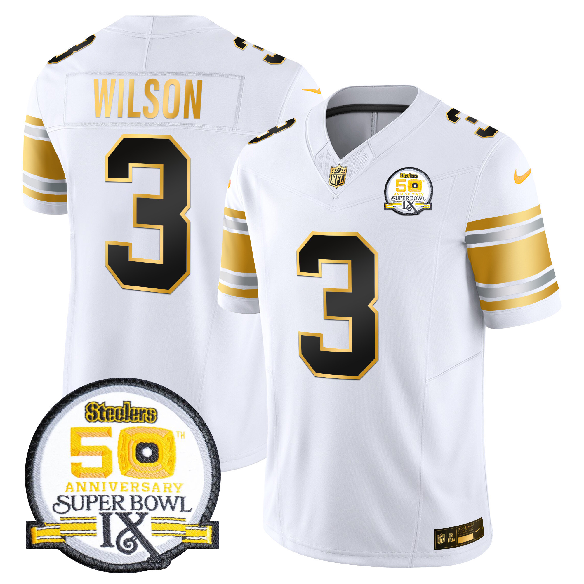Men’s Steelers 50th Anniversary of Super Bowl IX Patch Gold Vapor Limited Jersey – All Stitched – White Gold – Russell Wilson