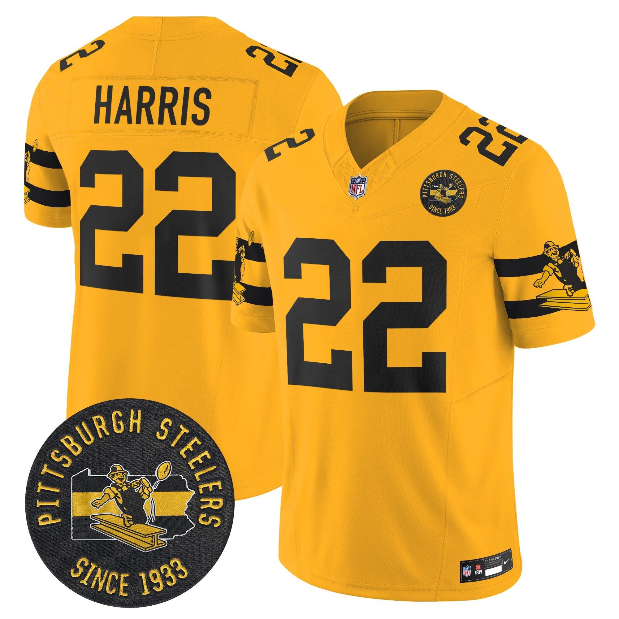 Pittsburgh Steelers Throwback 1933 Patch Vapor Limited Jersey – All Stitched – Gold – Najee Harris Jersey