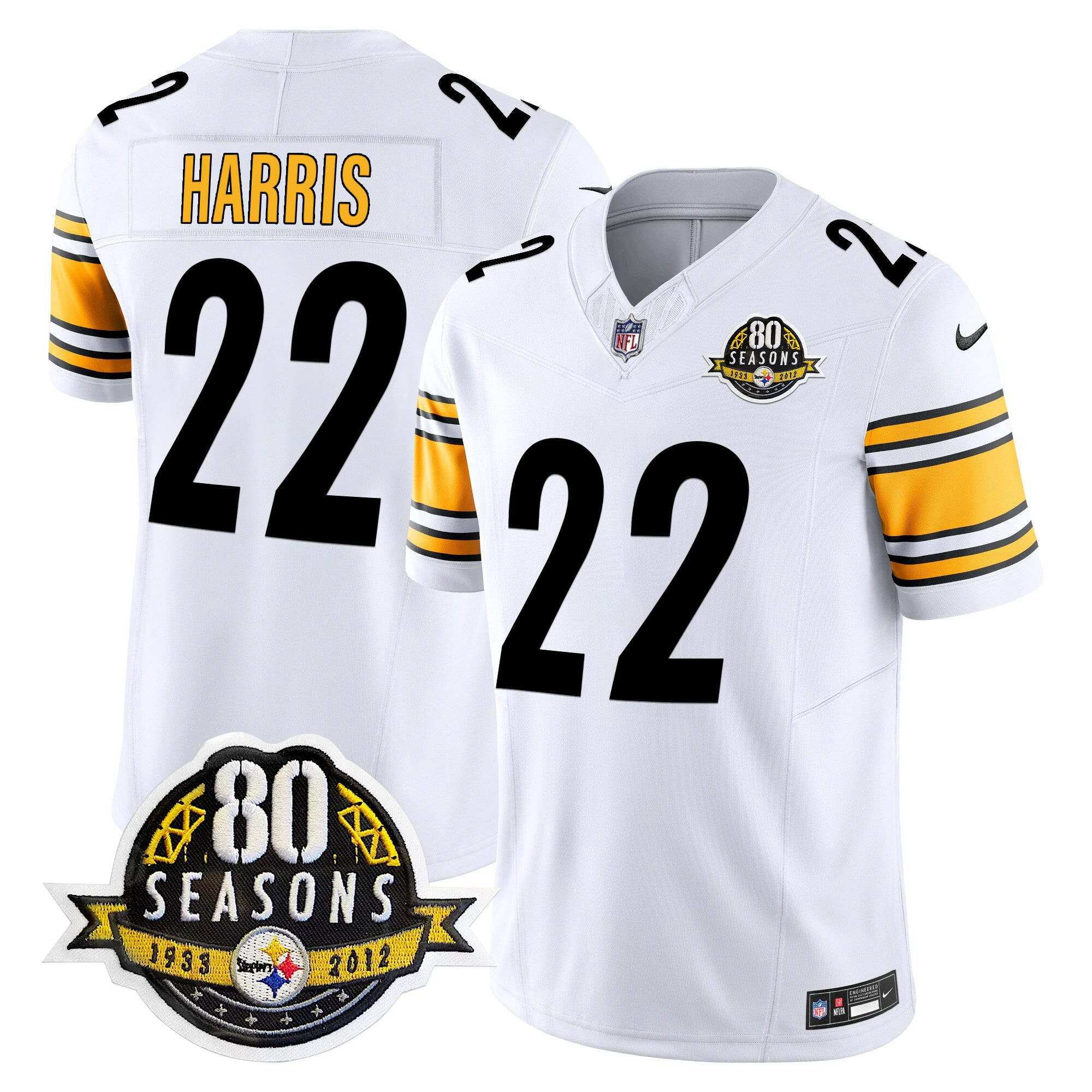 Pittsburgh Steelers 80th Anniversary Patch Vapor Limited Jersey – All Stitched – White – Najee Harris Jersey