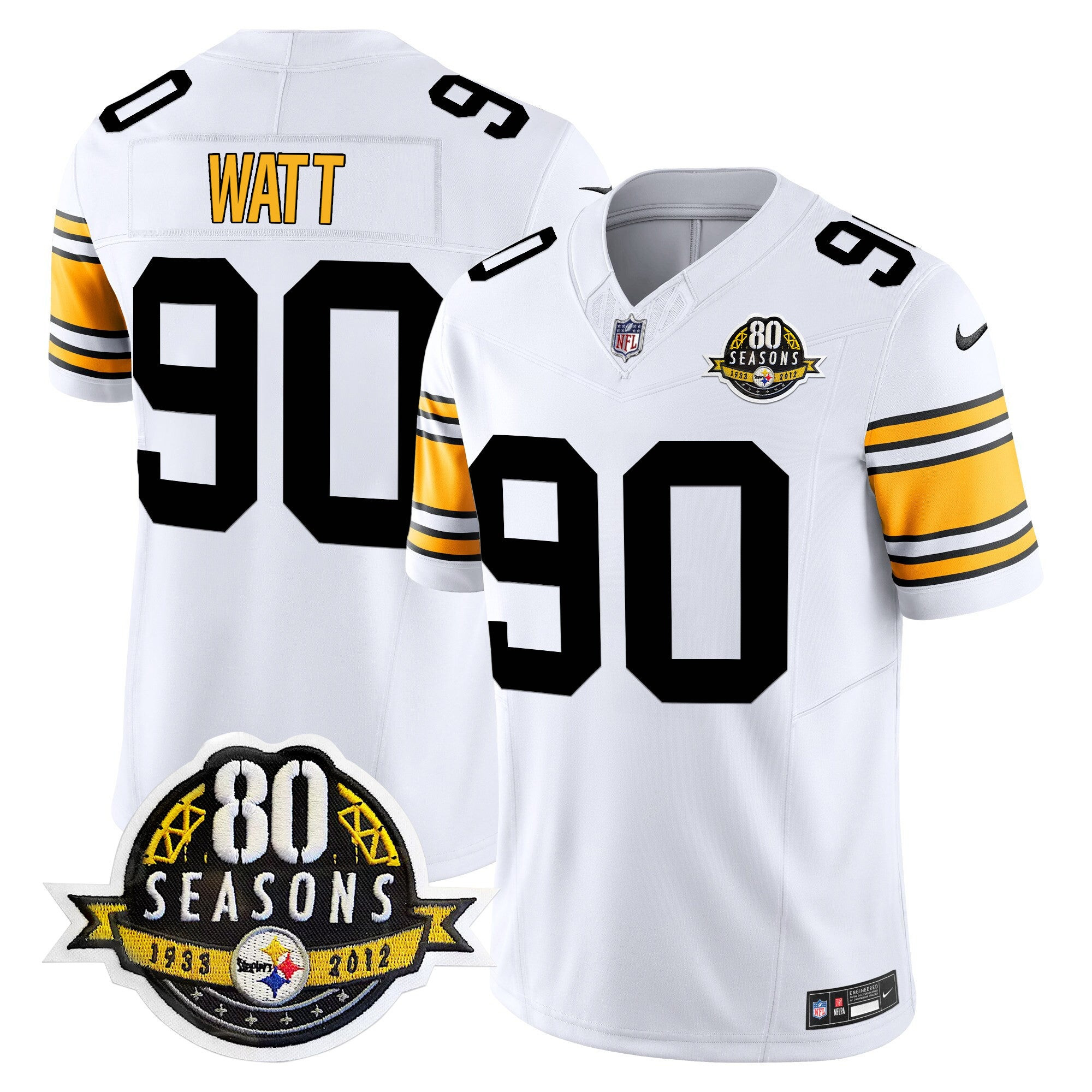 Pittsburgh Steelers 80th Anniversary Patch Vapor Limited Jersey – All Stitched – 1975 White – T. J. Watt Jersey