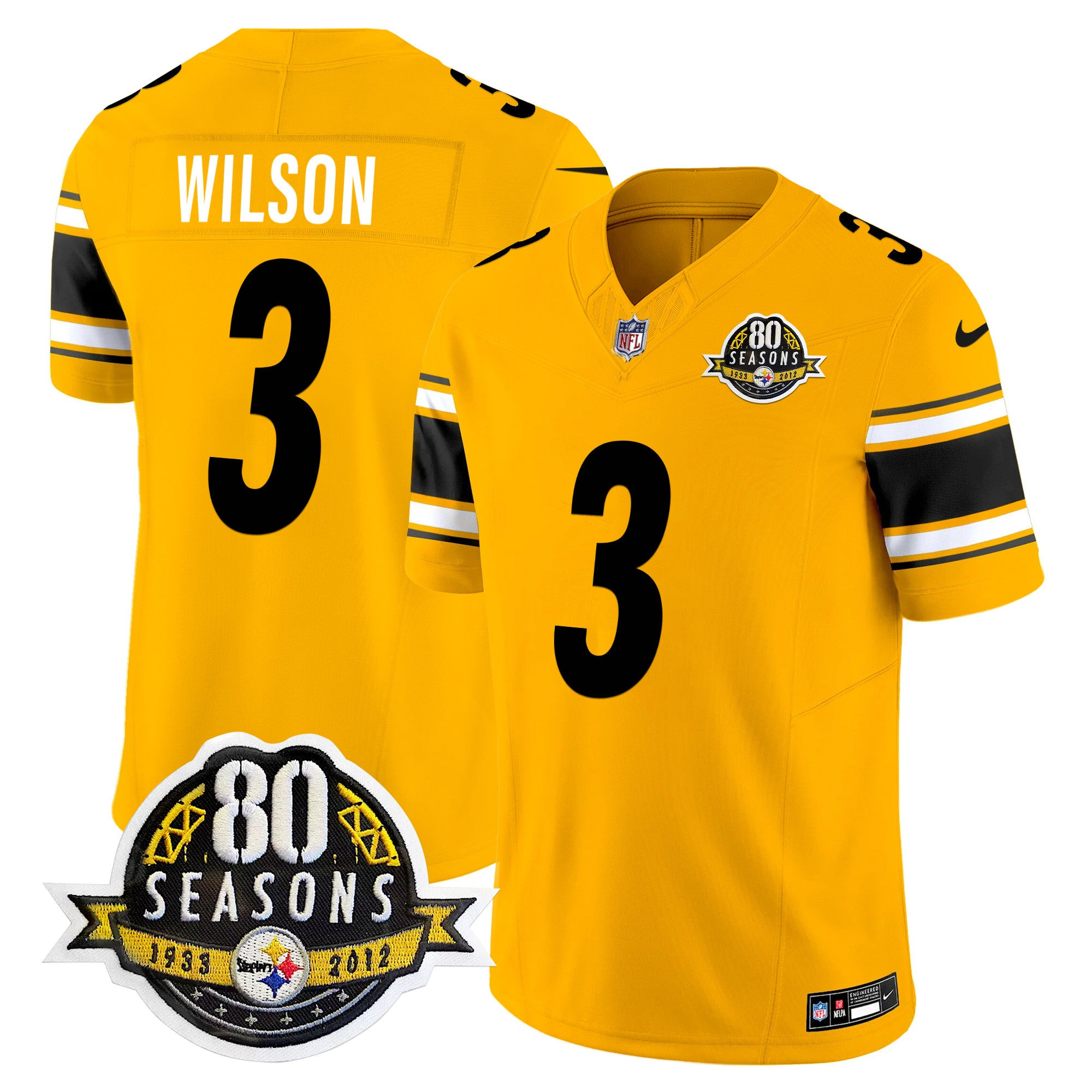 Pittsburgh Steelers 80th Anniversary Patch Vapor Limited Jersey – All Stitched – Gold – Russell Wilson Jersey
