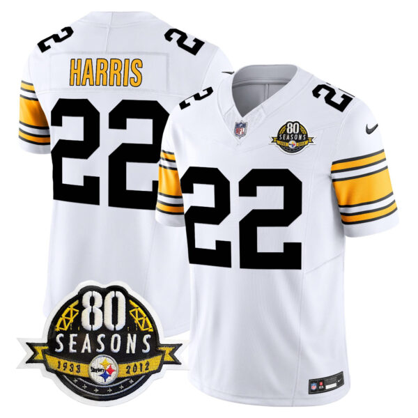 Pittsburgh Steelers 80th Anniversary Patch Vapor Limited Jersey – All Stitched – 1975 White – Najee Harris Jersey