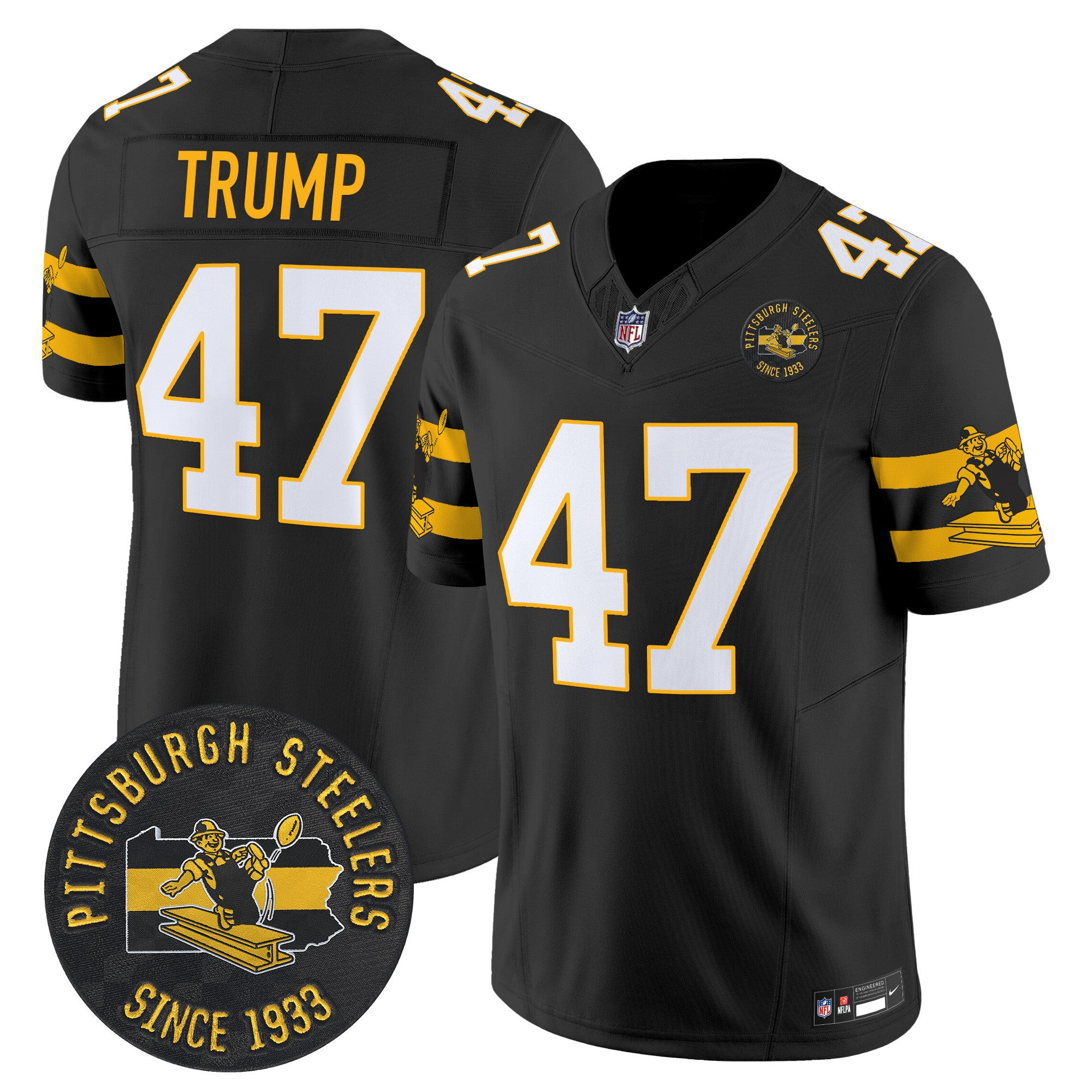 Pittsburgh Steelers Throwback 1933 Patch Vapor Limited Jersey – All Stitched – Black – Donald Trump Jersey