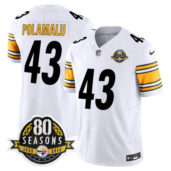 Pittsburgh Steelers 80th Anniversary Patch Vapor Limited Jersey – All Stitched – White – Troy Polamalu Jersey