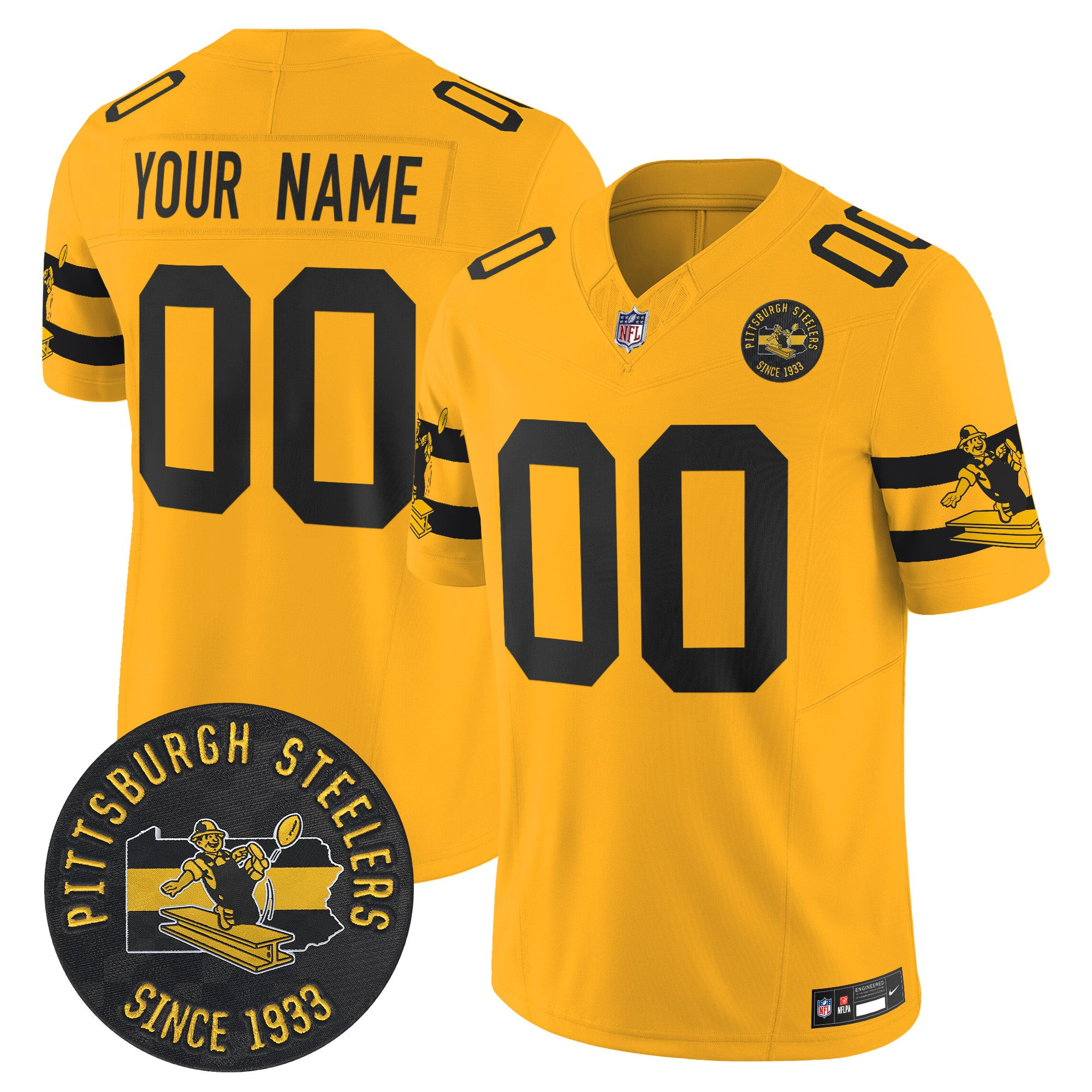 Pittsburgh Steelers Throwback 1933 Patch Vapor Limited Custom Jersey – All Stitched – Gold Jersey