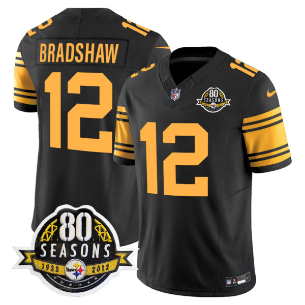 Pittsburgh Steelers 80th Anniversary Patch Vapor Limited Jersey – All Stitched – Color Rush – Terry Bradshaw Jersey