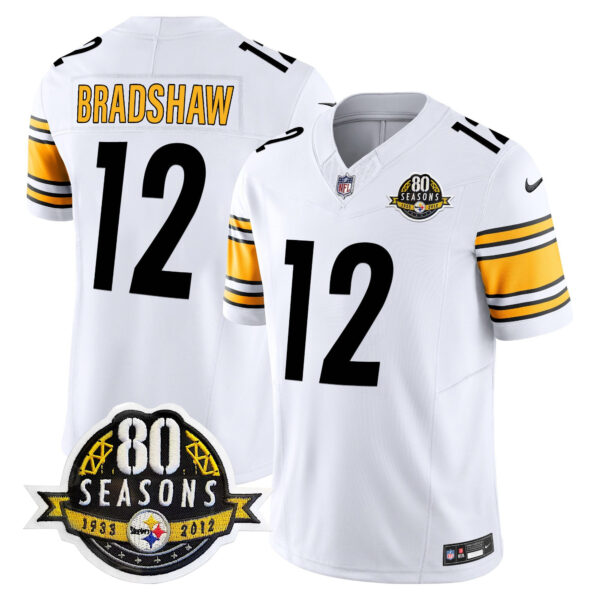 Pittsburgh Steelers 80th Anniversary Patch Vapor Limited Jersey – All Stitched – White – Terry Bradshaw Jersey