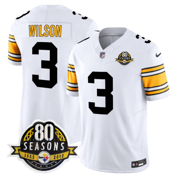 Pittsburgh Steelers 80th Anniversary Patch Vapor Limited Jersey – All Stitched – 1975 White – Russell Wilson Jersey