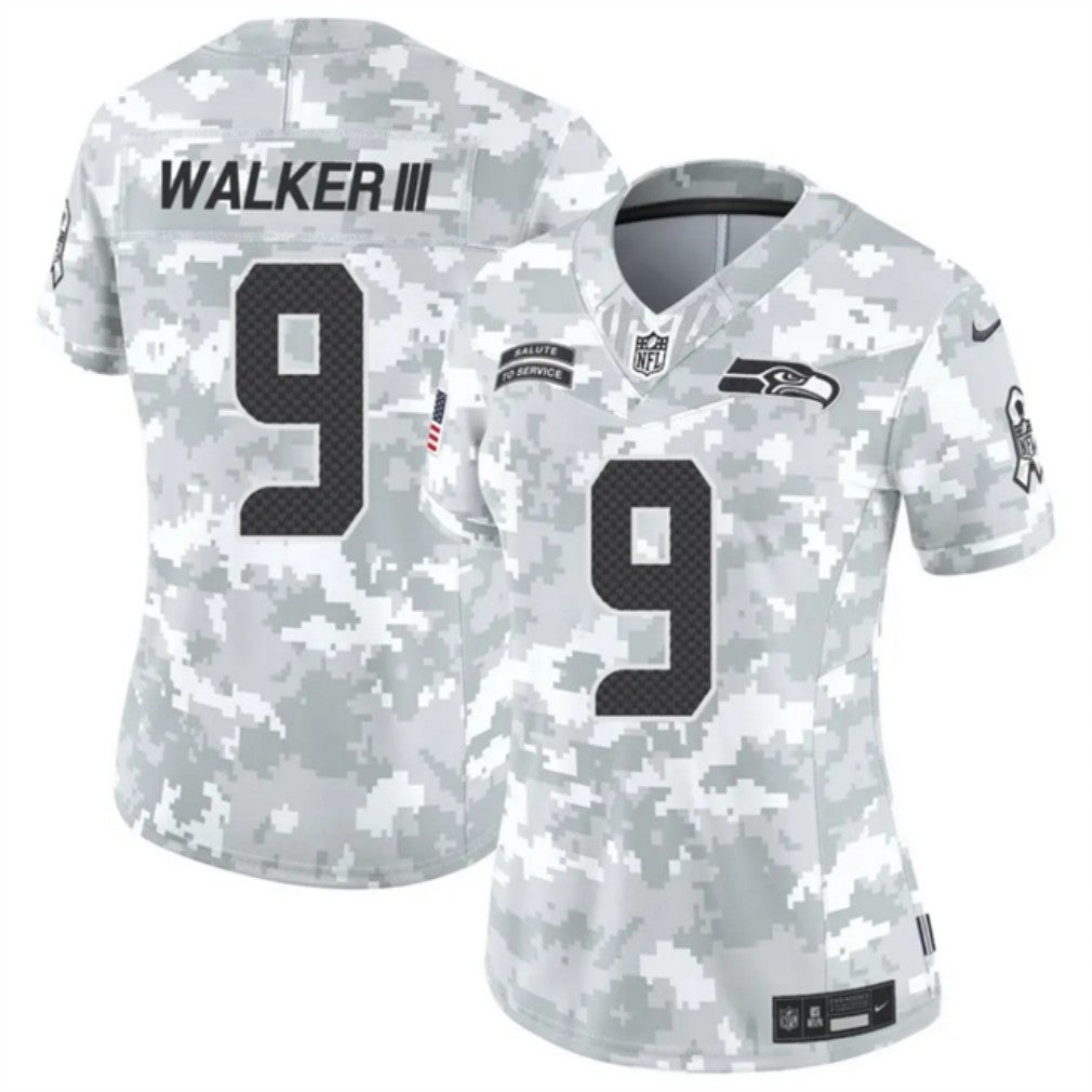 Women Seattle Seahawks #9 Kenneth Walker III 2024 FUSE Arctic Camo Salute To Service Limited Football Stitched Jersey