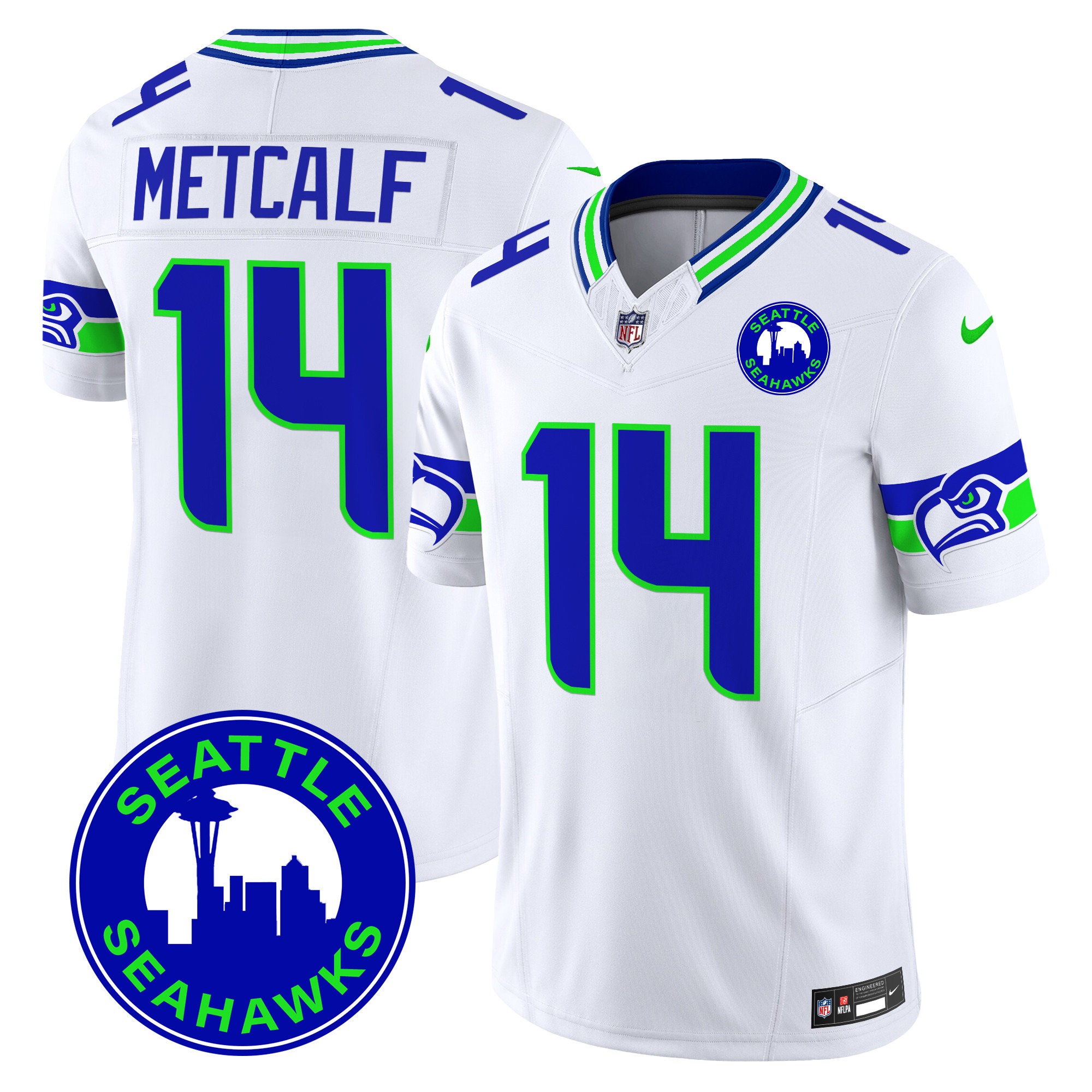 Men’s Seahawks 2024 Seattle City Patch Vapor Limited Jersey – All Stitched – White – DK Metcalf