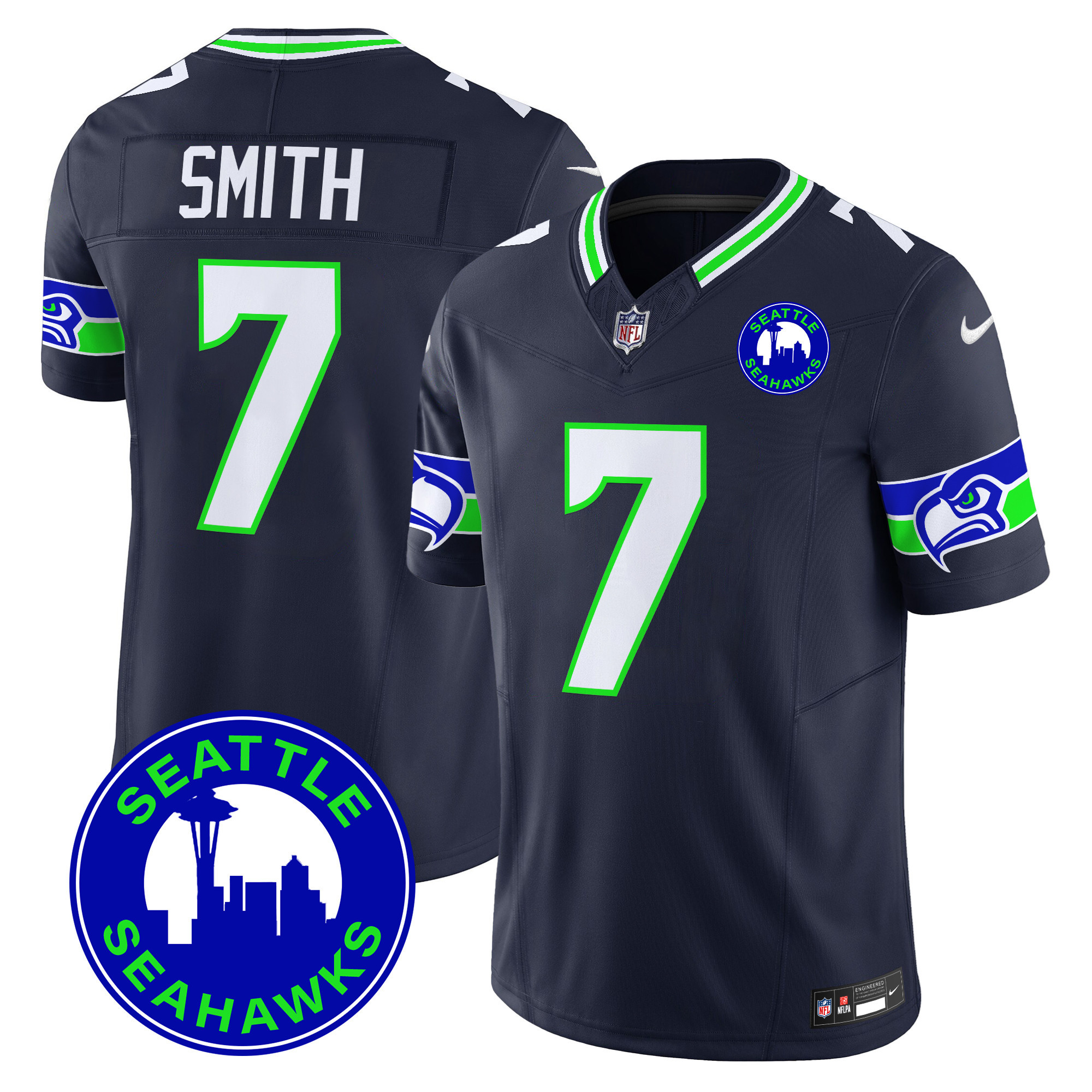 Men’s Seahawks 2024 Seattle City Patch Vapor Limited Jersey – All Stitched – Navy – Geno Smith