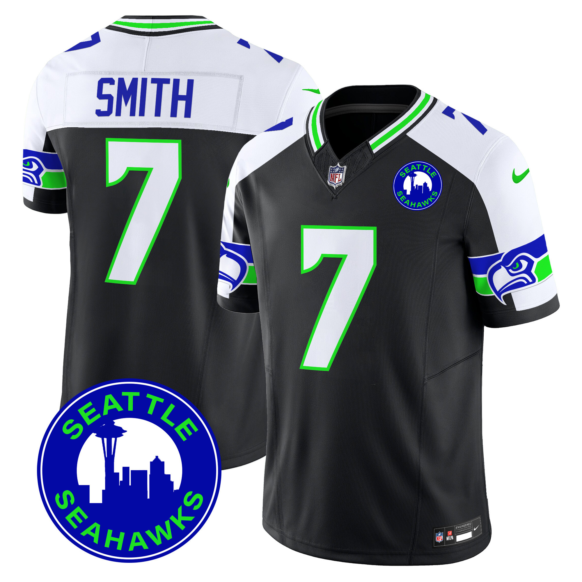 Men’s Seahawks 2024 Seattle City Patch Vapor Limited Jersey – All Stitched – Black Alternate – Geno Smith