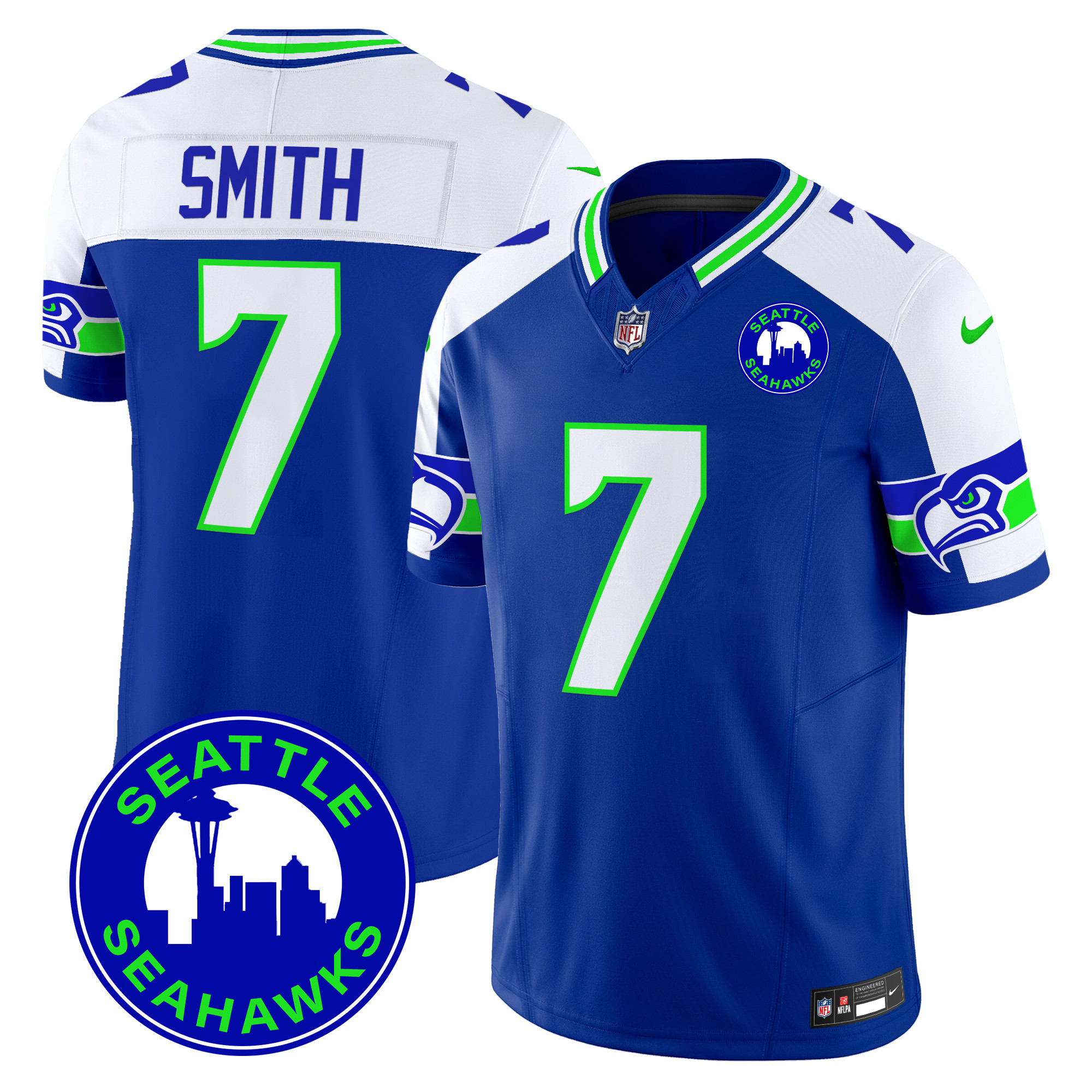 Men’s Seahawks 2024 Seattle City Patch Vapor Limited Jersey – All Stitched – Royal Alternate – Geno Smith