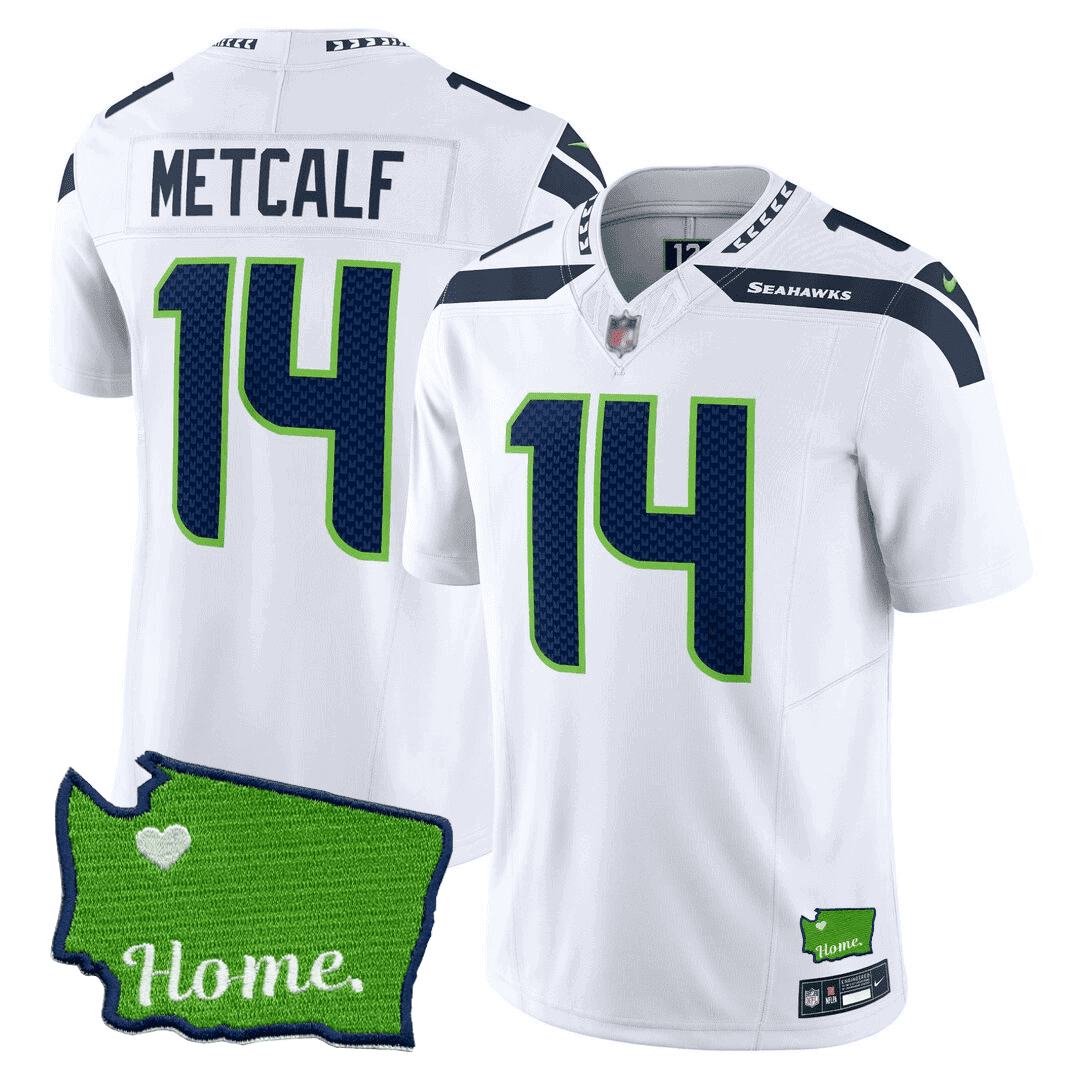Men’s Seattle Seahawks Washington Home Patch Jersey – All Stitched – White – DK Metcalf