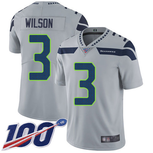 Seahawks #3 Russell Wilson Grey Alternate Men’s Stitched Football 100th Season Vapor Limited Jersey