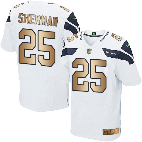 Nike Seahawks #25 Richard Sherman White Men’s Stitched NFL Elite Gold Jersey