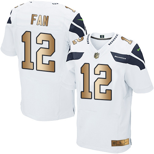 Nike Seahawks #12 Fan White Men’s Stitched NFL Elite Gold Jersey