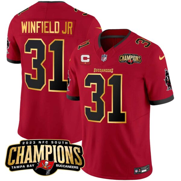 Men’s Buccaneers 2023 NFC South Champions Patch Gold Trim Vapor Jersey – All Stitched – Red – Antoine Winfield Jr