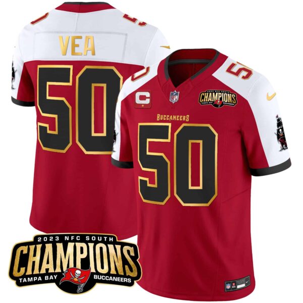 Men’s Buccaneers 2023 NFC South Champions Patch Gold Trim Vapor Jersey – All Stitched – Red Alternate – Vita Vea