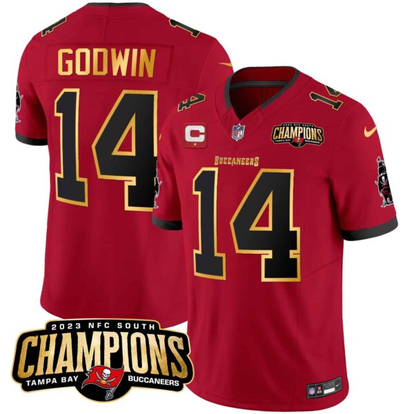 Men’s Buccaneers 2023 NFC South Champions Patch Gold Trim Vapor Jersey – All Stitched – Red – Chris Godwin